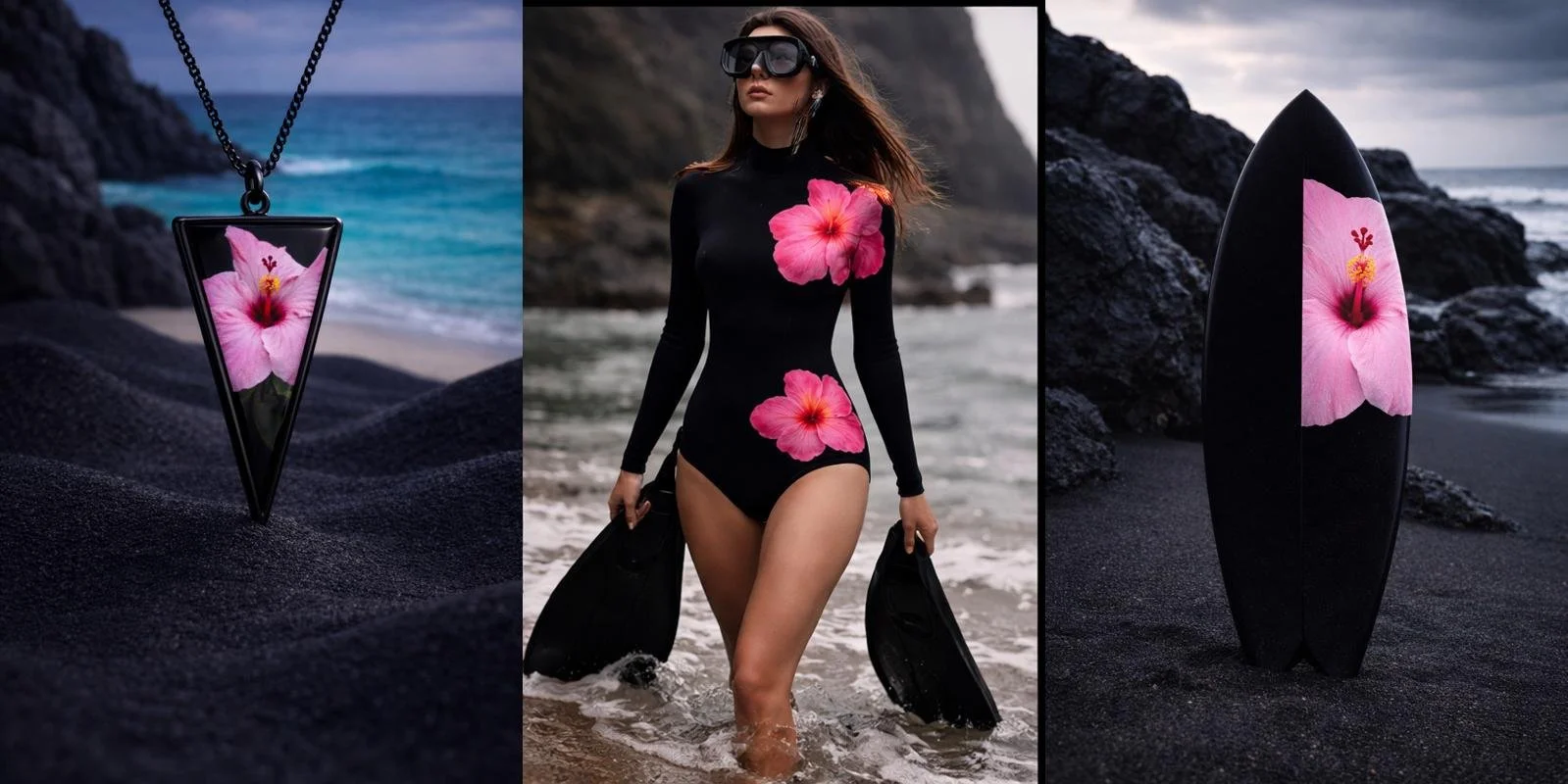 Freediver wearing floral wetsuit underwater in calm ocean light