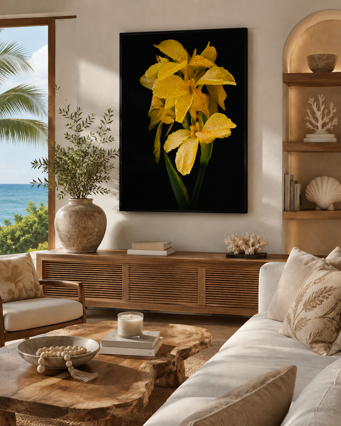 Yellow orchid fine art print displayed in a luxury coastal interior