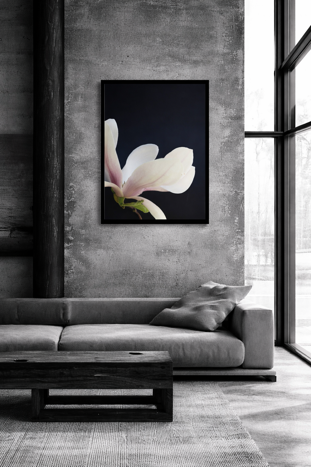 Monochrome living room with magnolia art.png