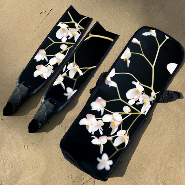 Melissa Kelly Freediving Fins and Bag  Floral Artwork