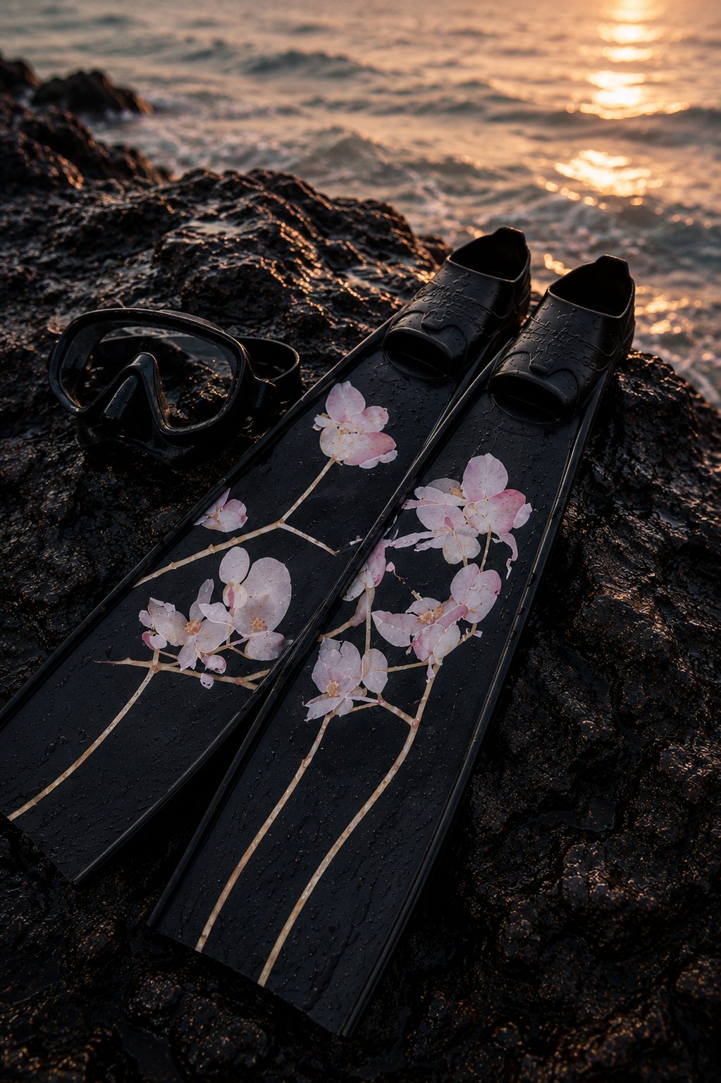 Close-up of floral freediving fins and diving mask on black volcanic rocks beside the ocean