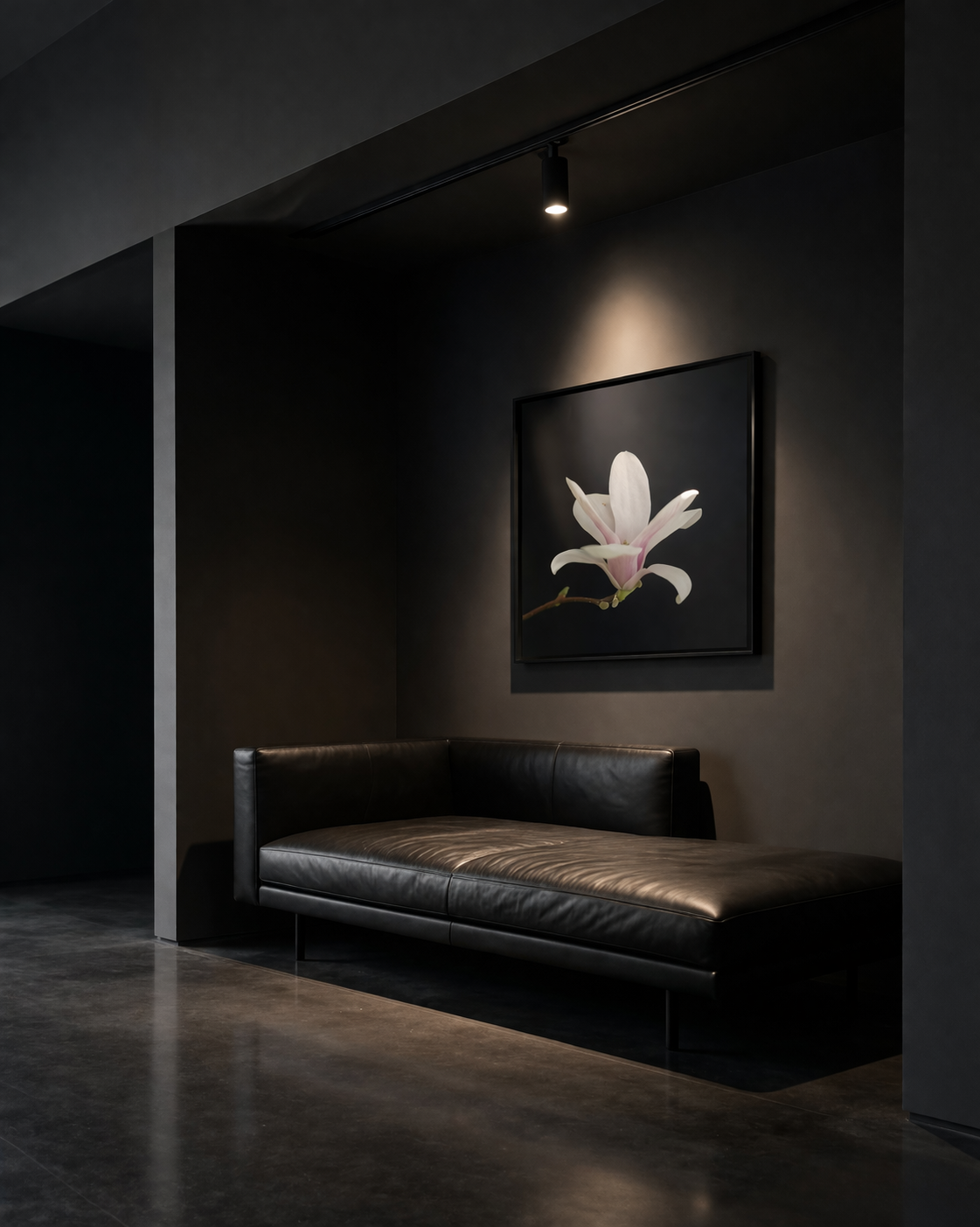 Dark floral fine art print displayed in modern minimalist interior