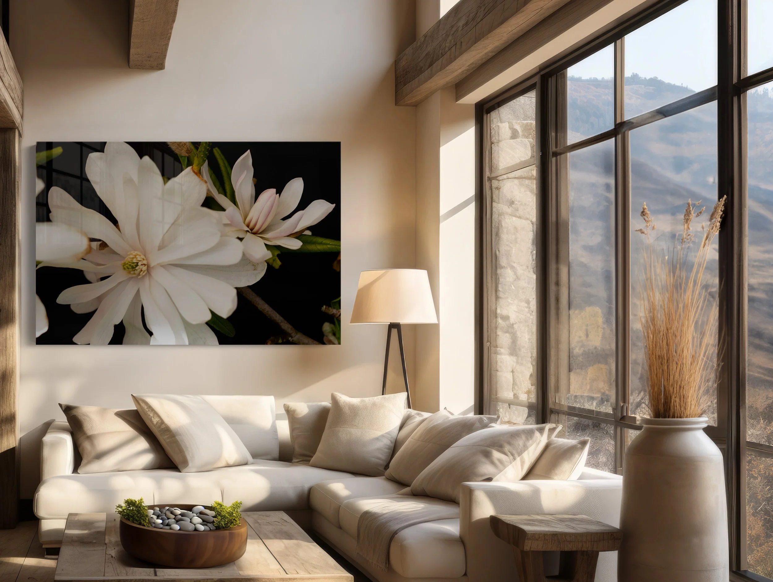 Fine art floral print on acrylic and metal showing depth and reflection