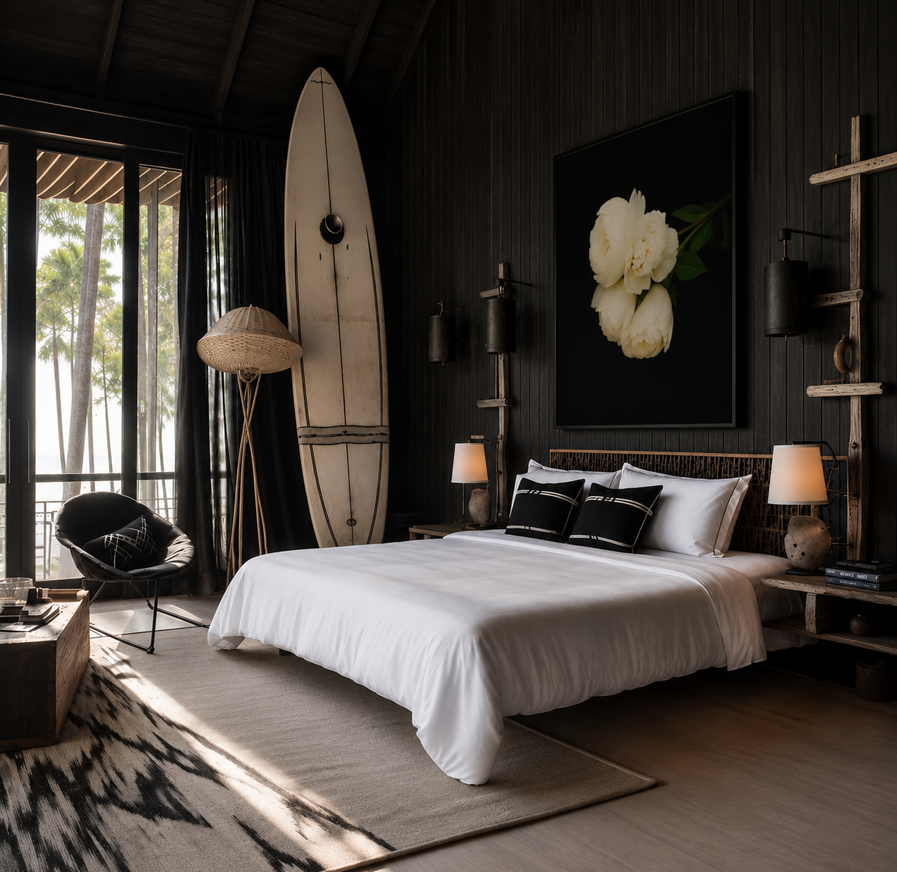 Luxury floral fine art print displayed in a dark modern coastal bedroom with surf-inspired interior design