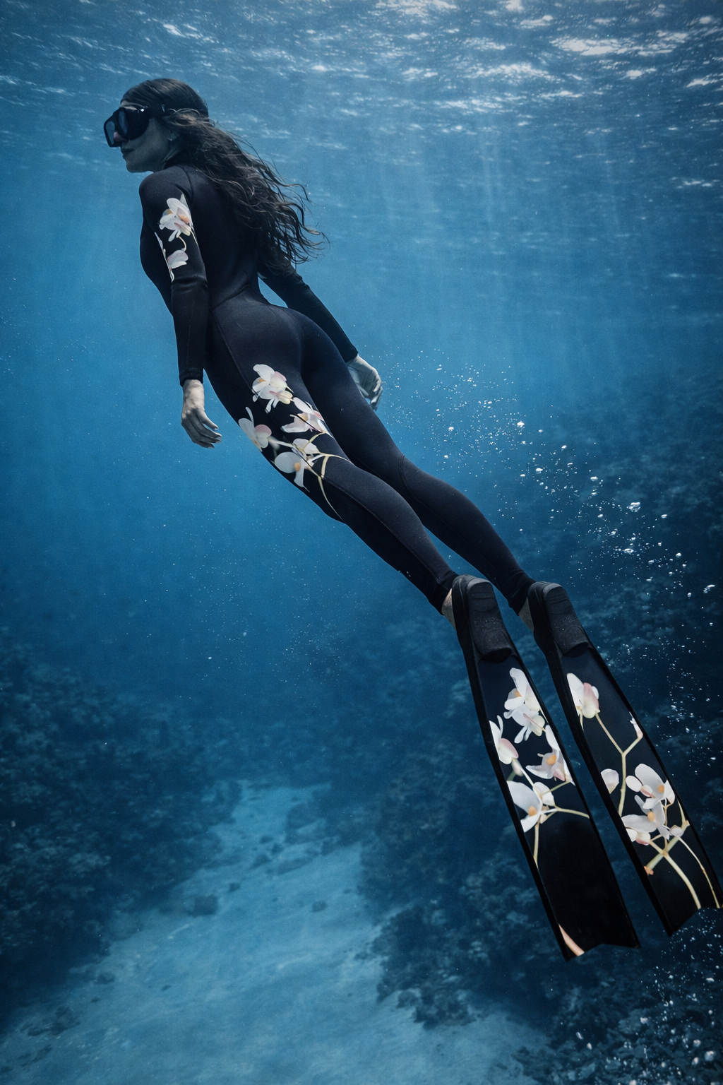 Floral wetsuit worn by woman in ocean with luxury and minimal aesthetic