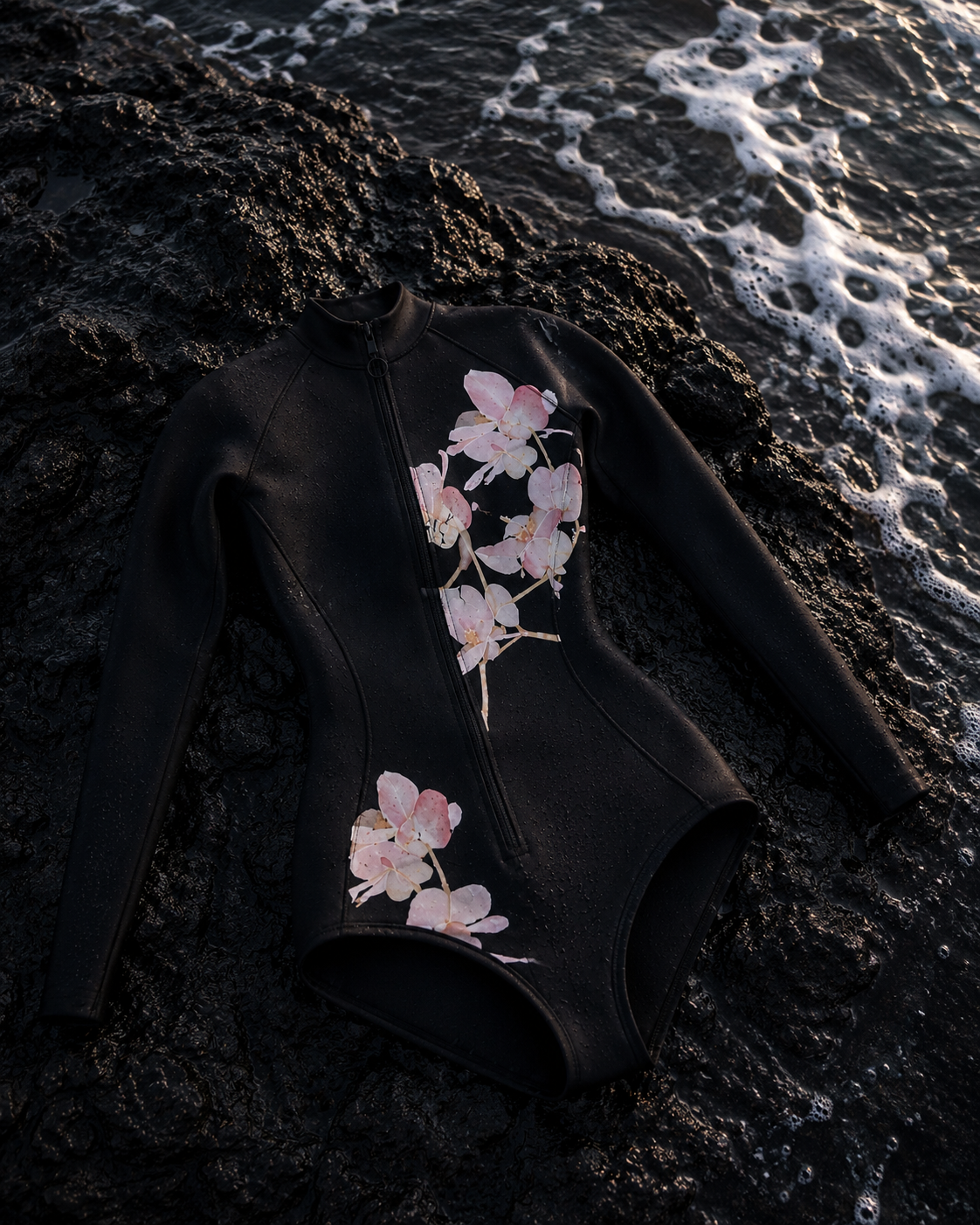 Woman wearing luxury floral wetsuit standing in ocean holding floral freediving fins at sunset