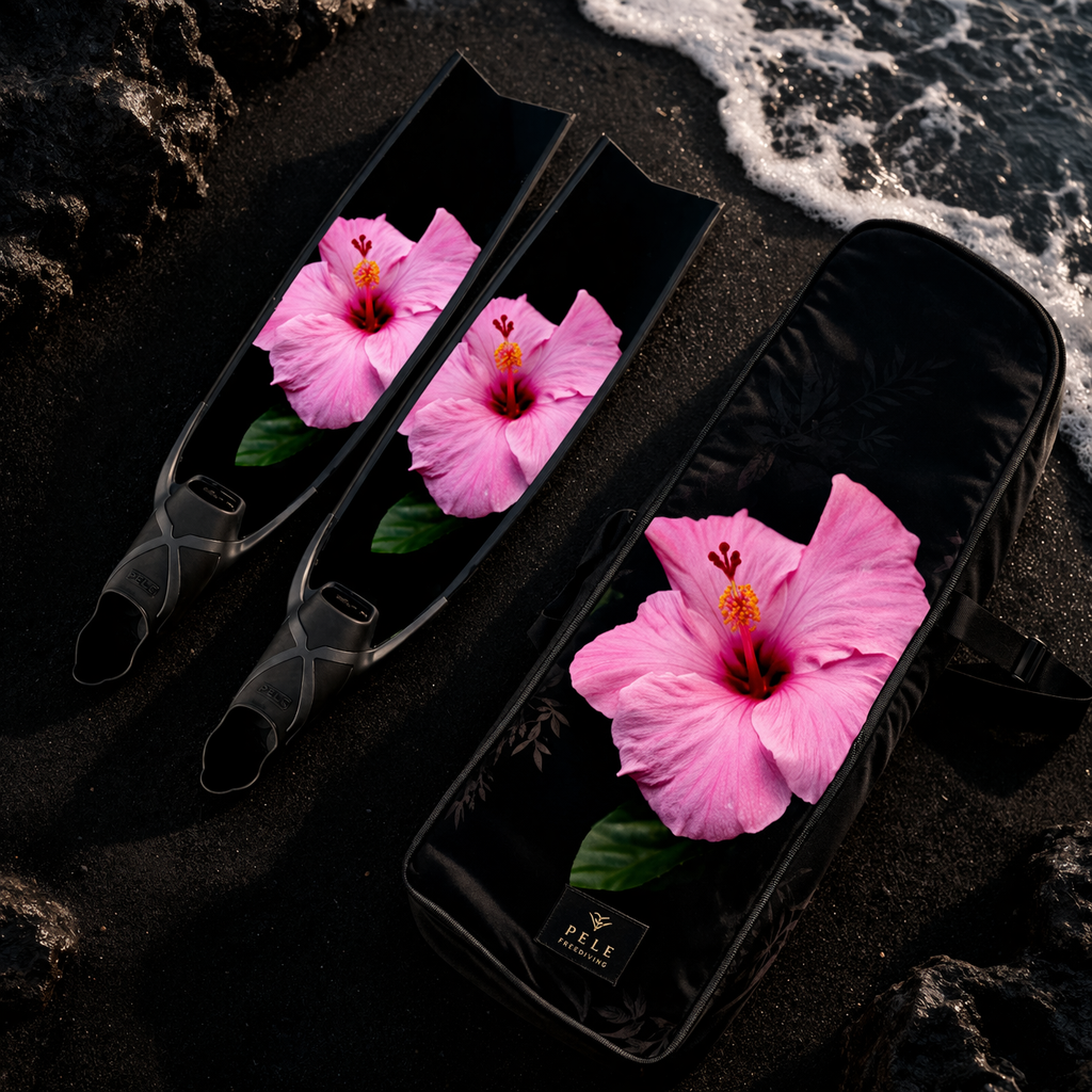 Hibiscus After Dark ~ Freediving fins and matching bag.png