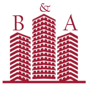 Logo with three stylized red buildings and the letters B, A, and an ampersand symbol.