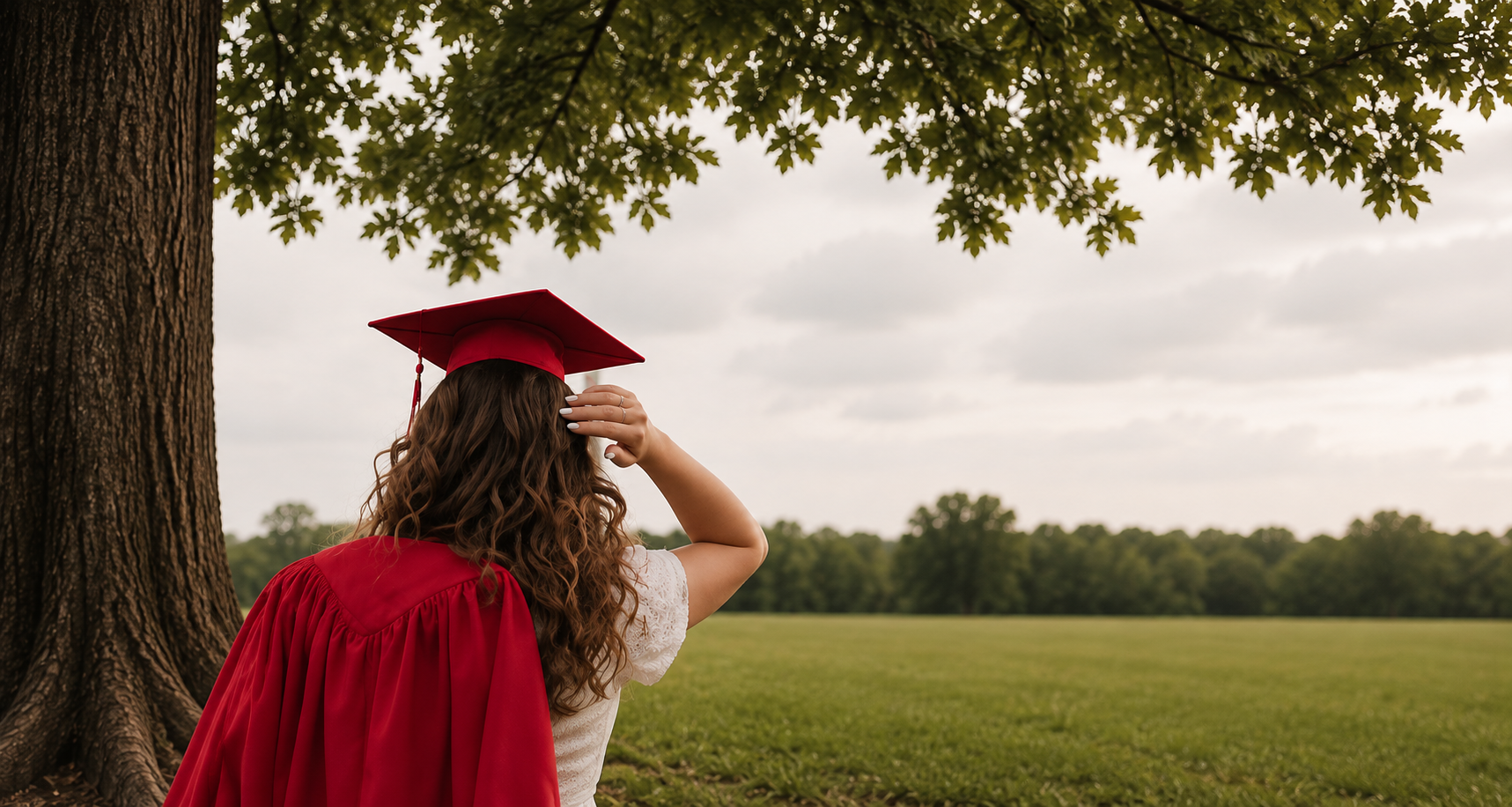 A student wearing a graduation cap with her gown slung over her shoulder looks out into a field of grass and trees.