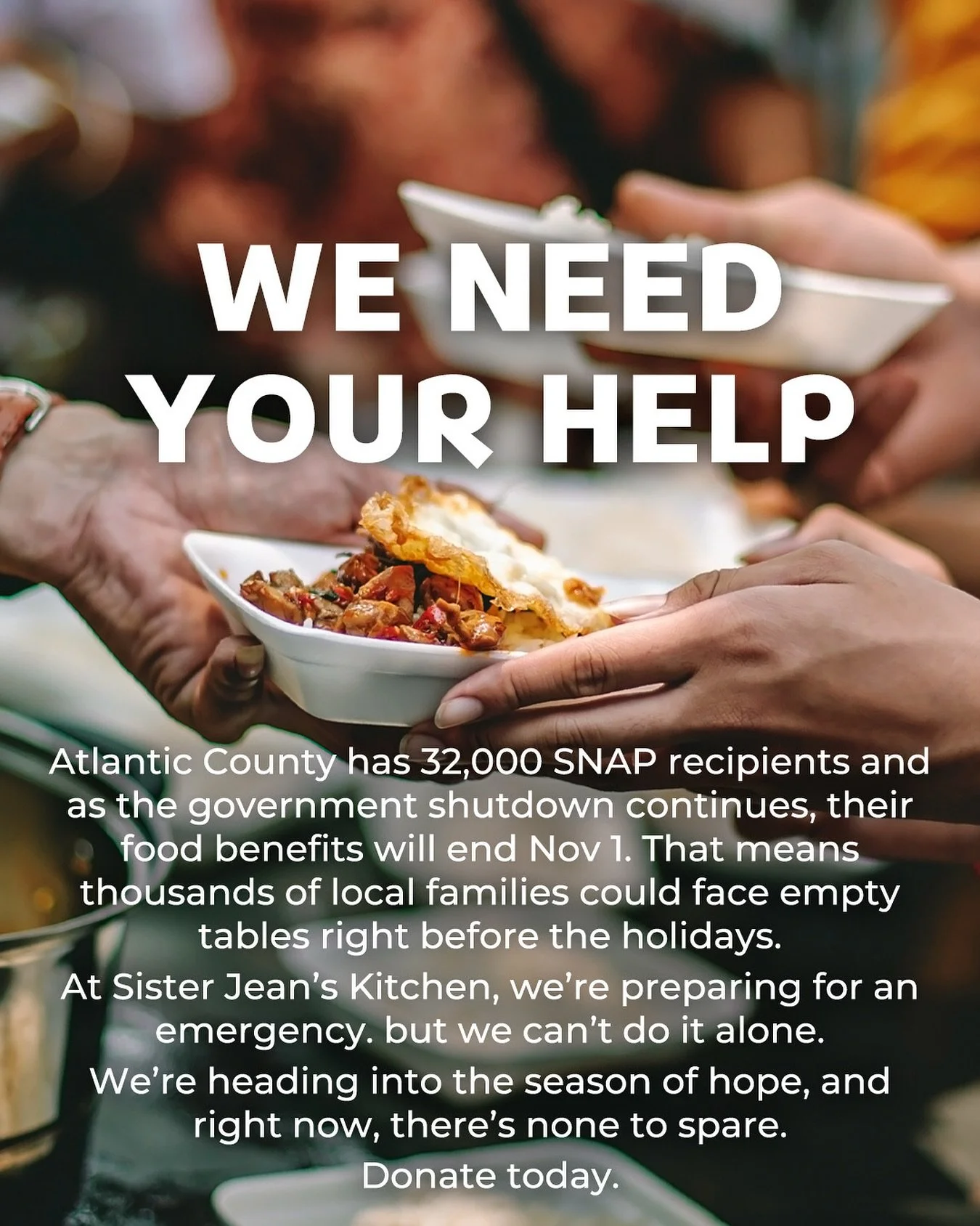 With SNAP benefits ending for thousands in our community, Sister Jean&rsquo;s Kitchen is stepping up to meet the need, but we need your help to keep food on every table. Donate today using the link in bio and make a difference.