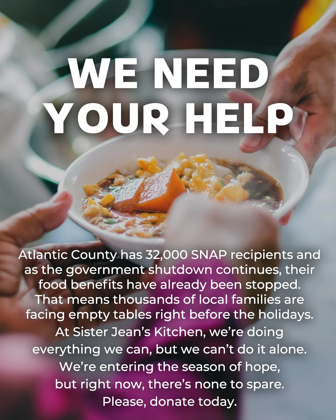 With SNAP benefits ending for thousands in our community, Sister Jean&rsquo;s Kitchen is stepping up to meet the need, but we need your help to keep food on every table. 

Donate today using the link in bio and make a difference.