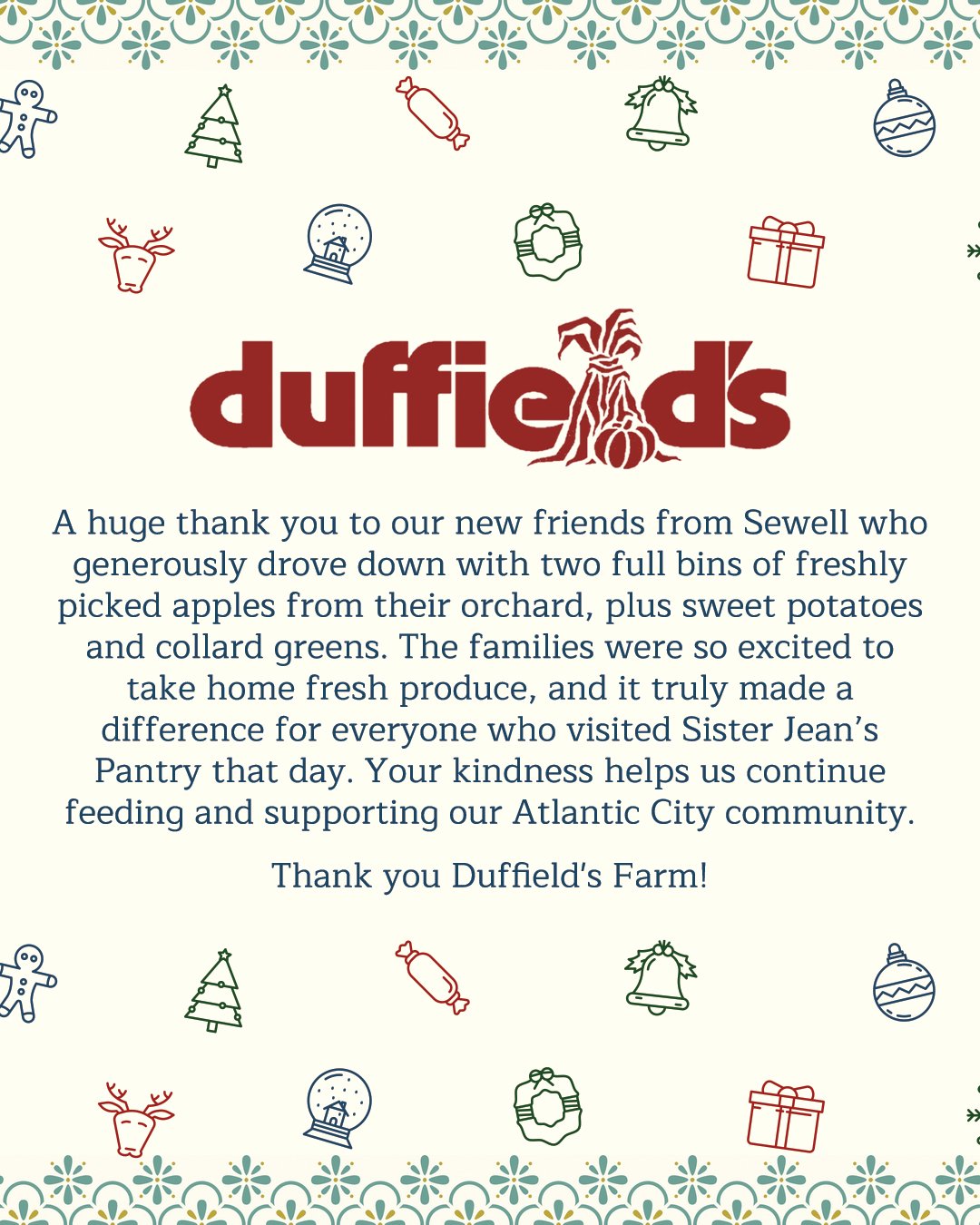 The season of giving is extra warm this year 🎄🤍🍎

A huge thank you to Duffield&rsquo;s Farm for sharing apples, sweet potatoes &amp; collard greens with our pantry families. Your kindness truly brightened the holiday season.