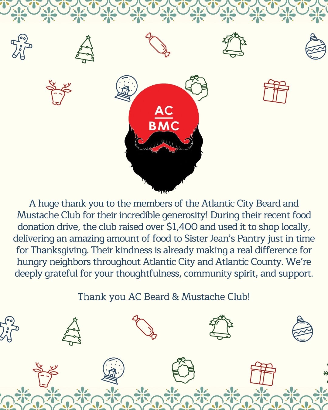 Gratitude, generosity, and a whole lot of holiday spirit ❤️✨

Thank you to the AC Beard &amp; Mustache Club for making a meaningful impact on our pantry and our community.