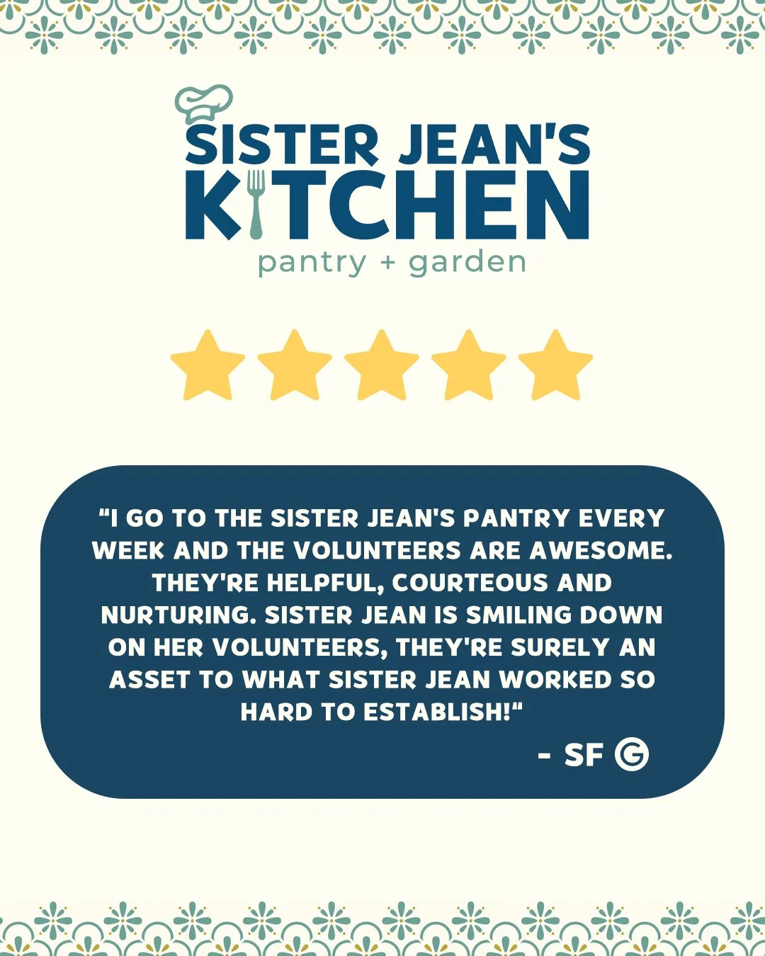Reviews like THIS are truly what keep us motivated and going strong! Being able to give back to the community and knowing it's all because of the incredible impact of Sister Jean is absolutely amazing.