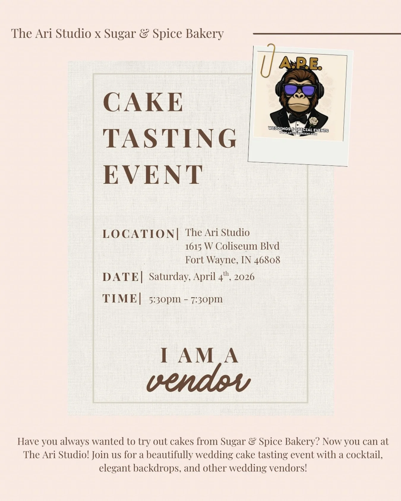🍰✨ BRIDES, THIS ONE&rsquo;S FOR YOU ✨🍰

Imagine this&hellip; sipping a cocktail, tasting incredible wedding cakes, and *actually experiencing* your dream wedding vibe all in one place 😍

Join us @the_ari_studio_ for an intimate Cake Tasting Event 