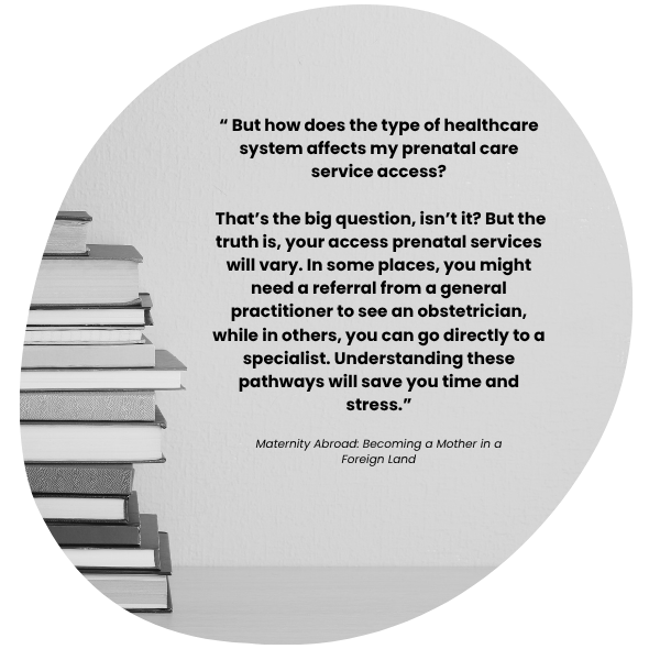 “Quote from the book Maternity Abroad: Becoming a Mother in a Foreign Land discussing how access to prenatal care varies by healthcare system, with a stack of books on the left side of the design.”