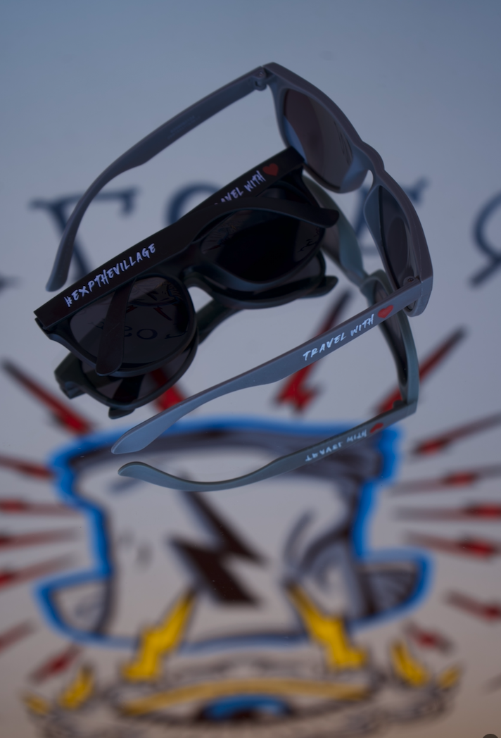 Custom branded merch sunglasses stacked on top of each other