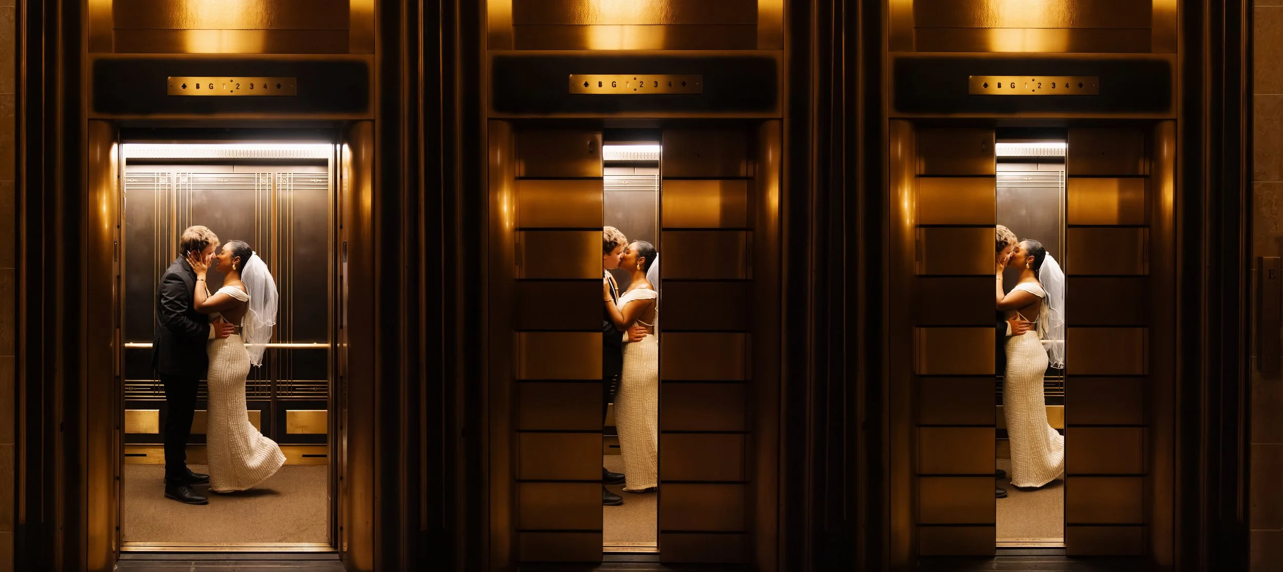 Couple kissing in an elevator, surrounded by mirrored walls, with gold accents and warm lighting.