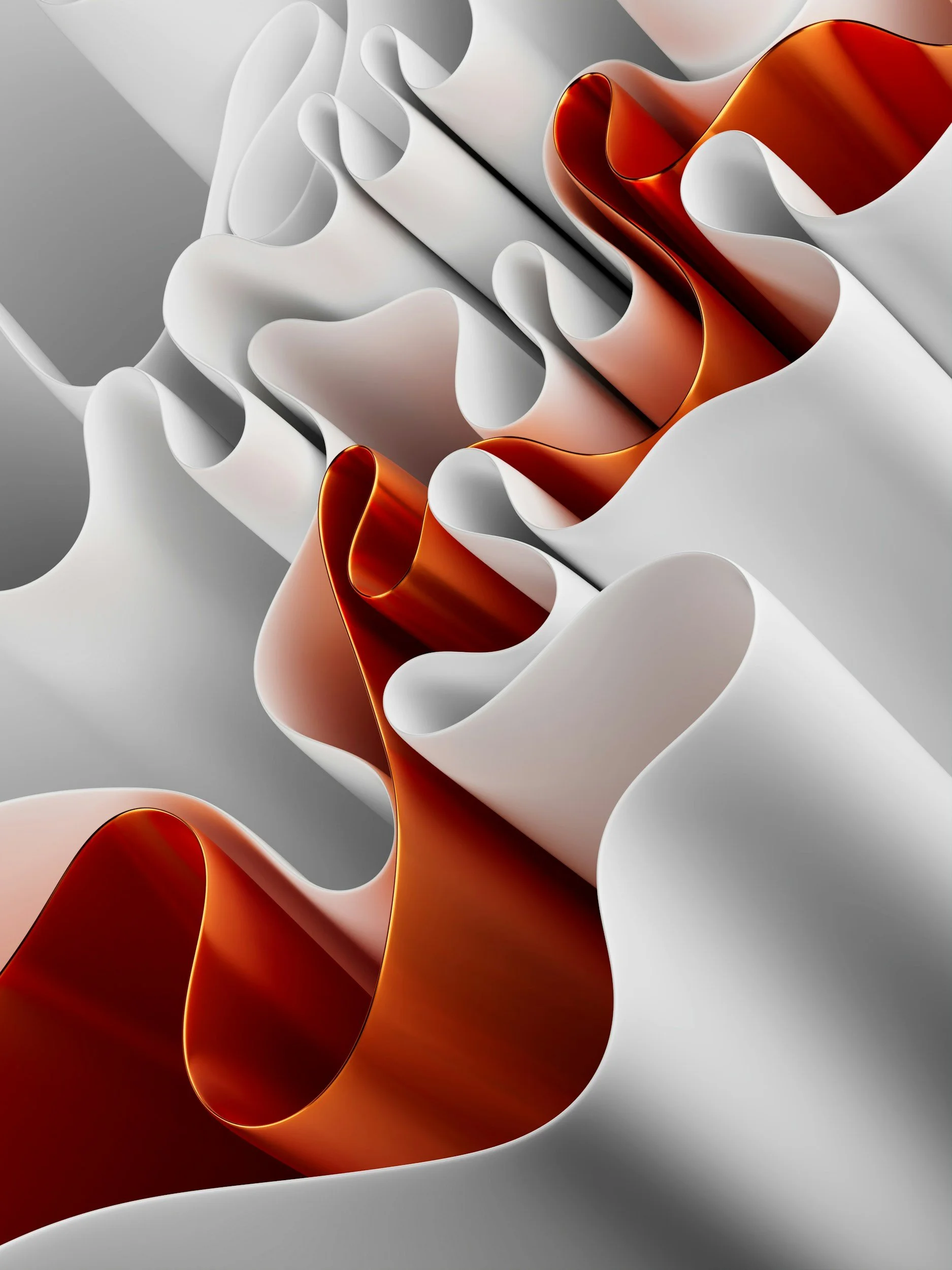Abstract digital art featuring flowing white and copper-colored ribbon-like shapes with smooth curves and shiny surfaces.