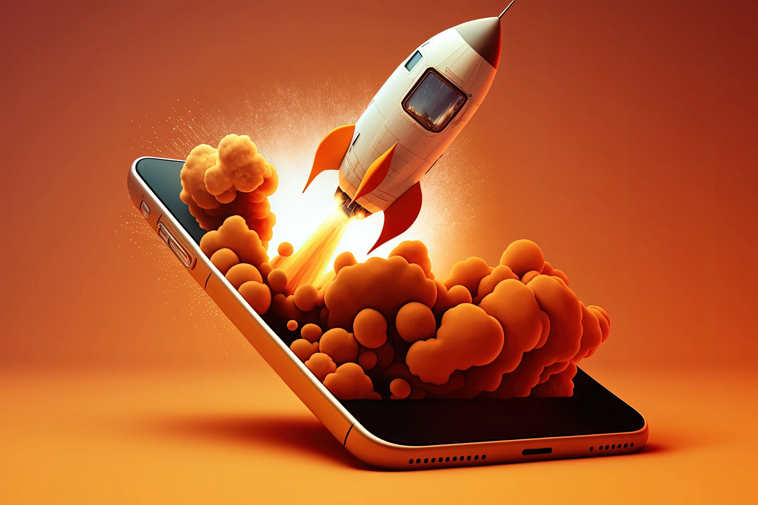 A rocket launching from a smartphone screen with orange clouds of smoke and fire.