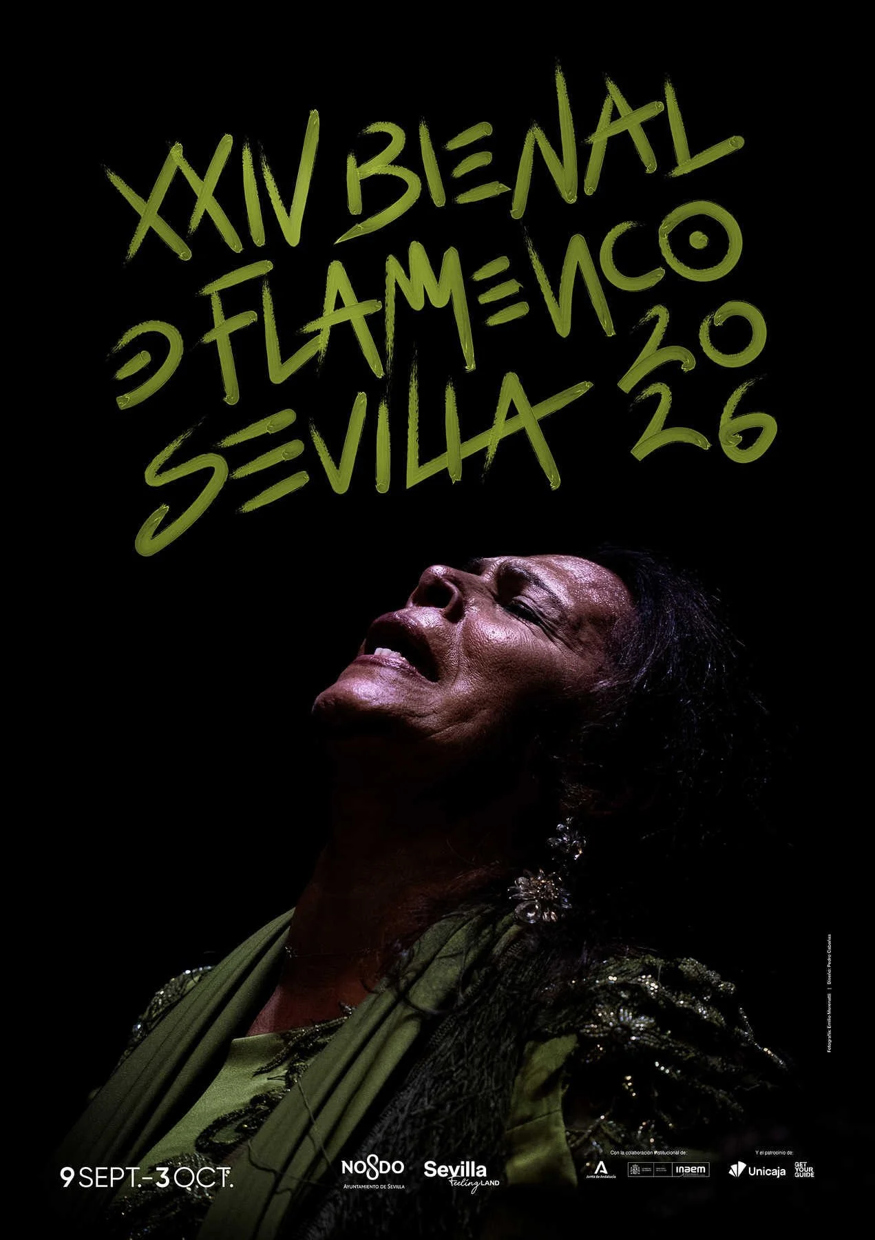 Official poster of the Seville Flamenco Bienal featuring a dramatic portrait of a flamenco artist