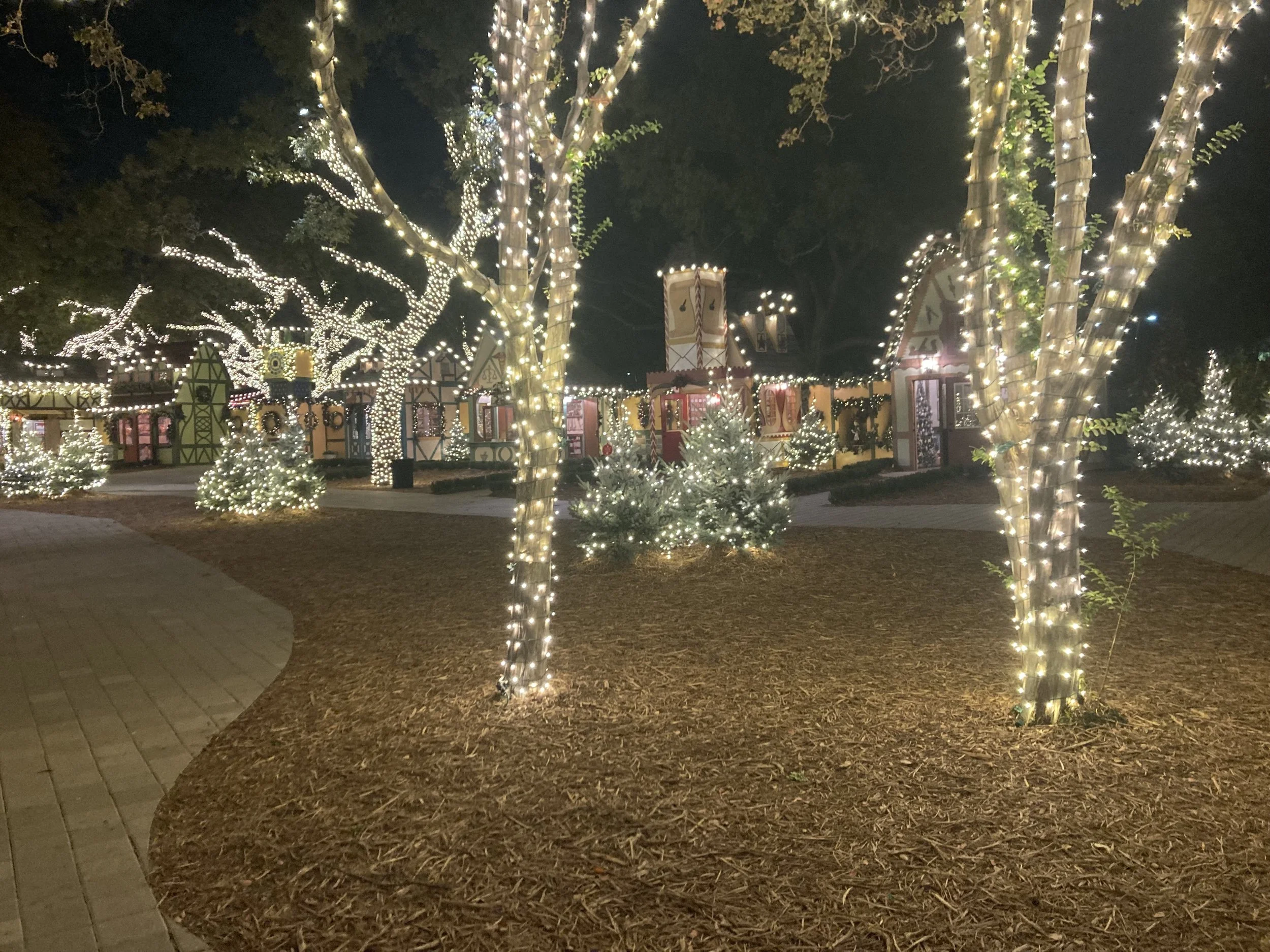 Nighttime scene of a holiday decorated area with trees wrapped in white lights, small lit Christmas trees, and a colorful whimsical building with Christmas decorations.