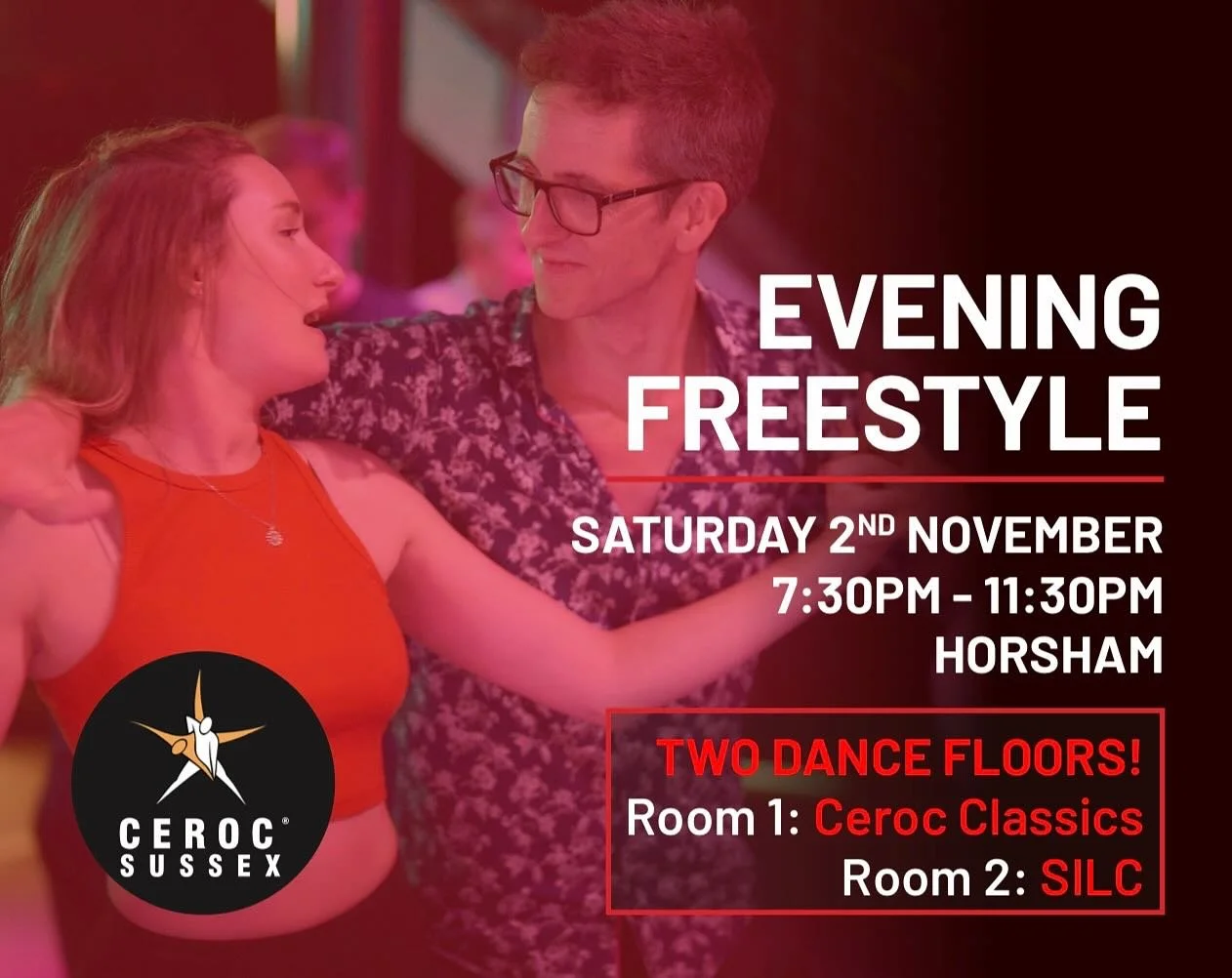 Tonight - 2 Room Freestyle at Ceroc Horsham! 4 hours of dancing - Ceroc Classics & SILC. Complimentary tea, coffee and sweet treats. Onsite bar. Advanced tickets available at Ceroc.com #cerocsussex #cerochorsham