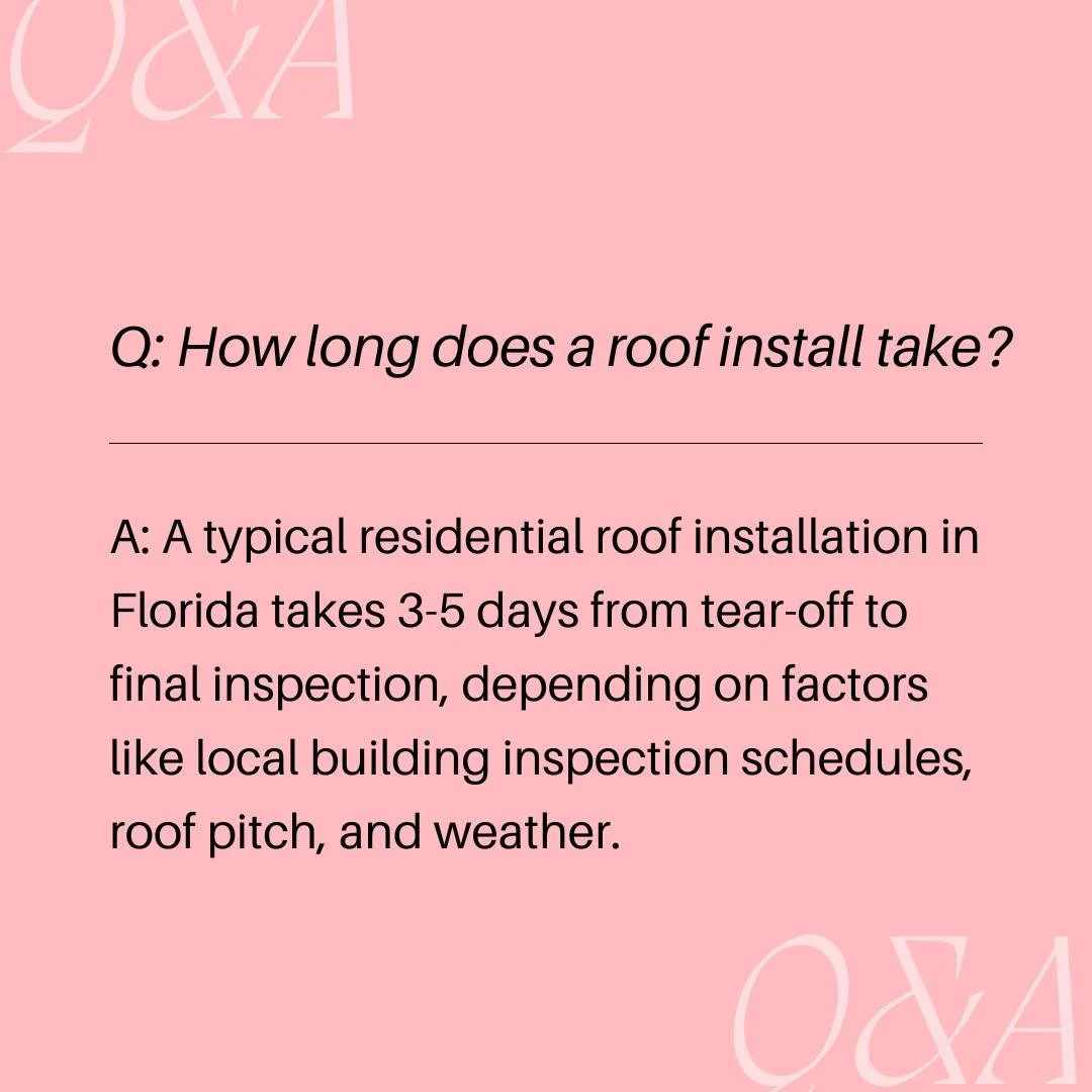 Q: How long does a roof install take?

A: A typical residential roof installation in Florida takes 3-5 days from tear-off to final inspection, depending on factors like local building inspection schedules, roof pitch, and weather.

#verobeach32963 #S