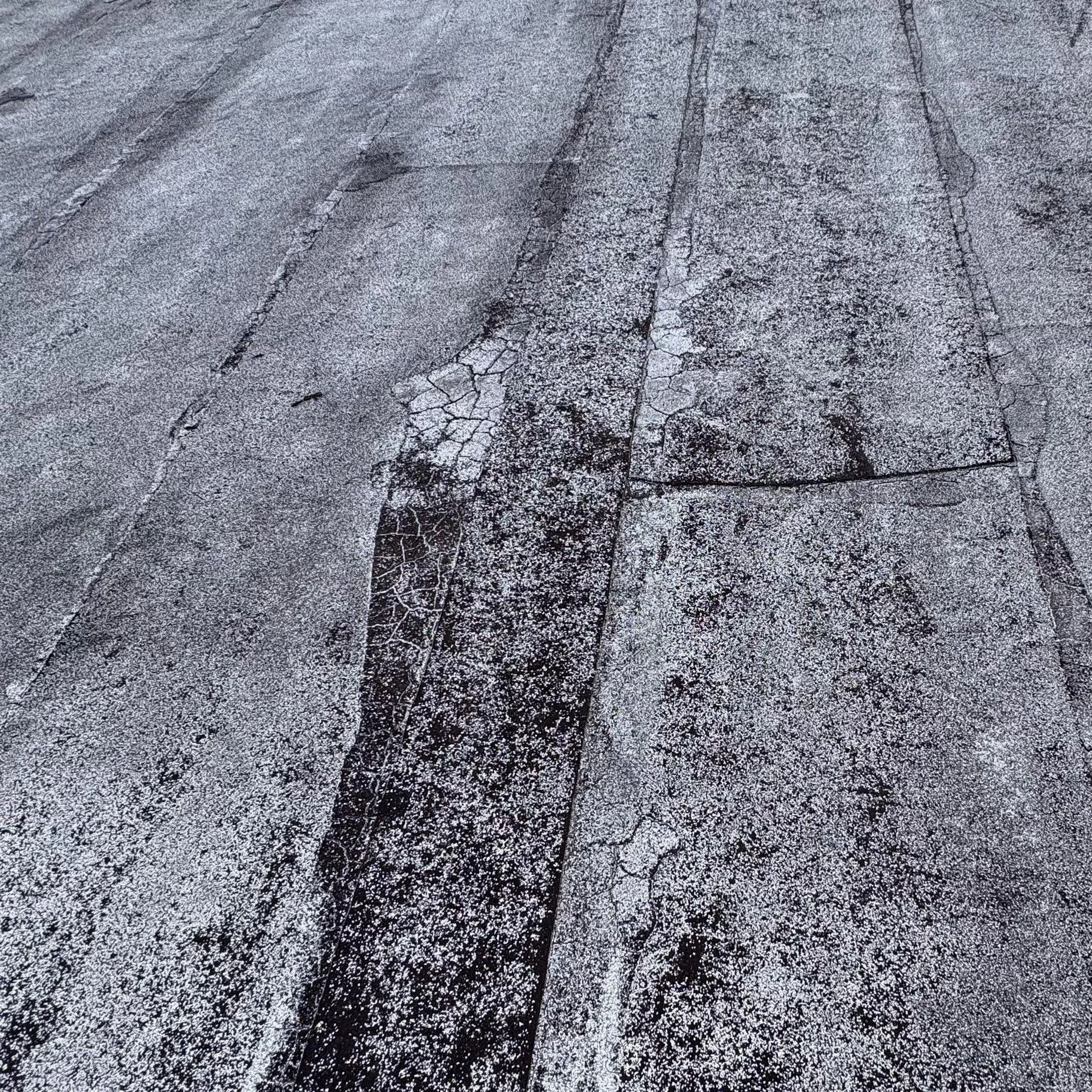 Did you know you can find alligators on a roof? New fear unlocked. 

This is called "alligatoring". If you take a closer look, you can see the "alligator skin" pattern forming on this roof. This is brittle, dry, and a leak waiting