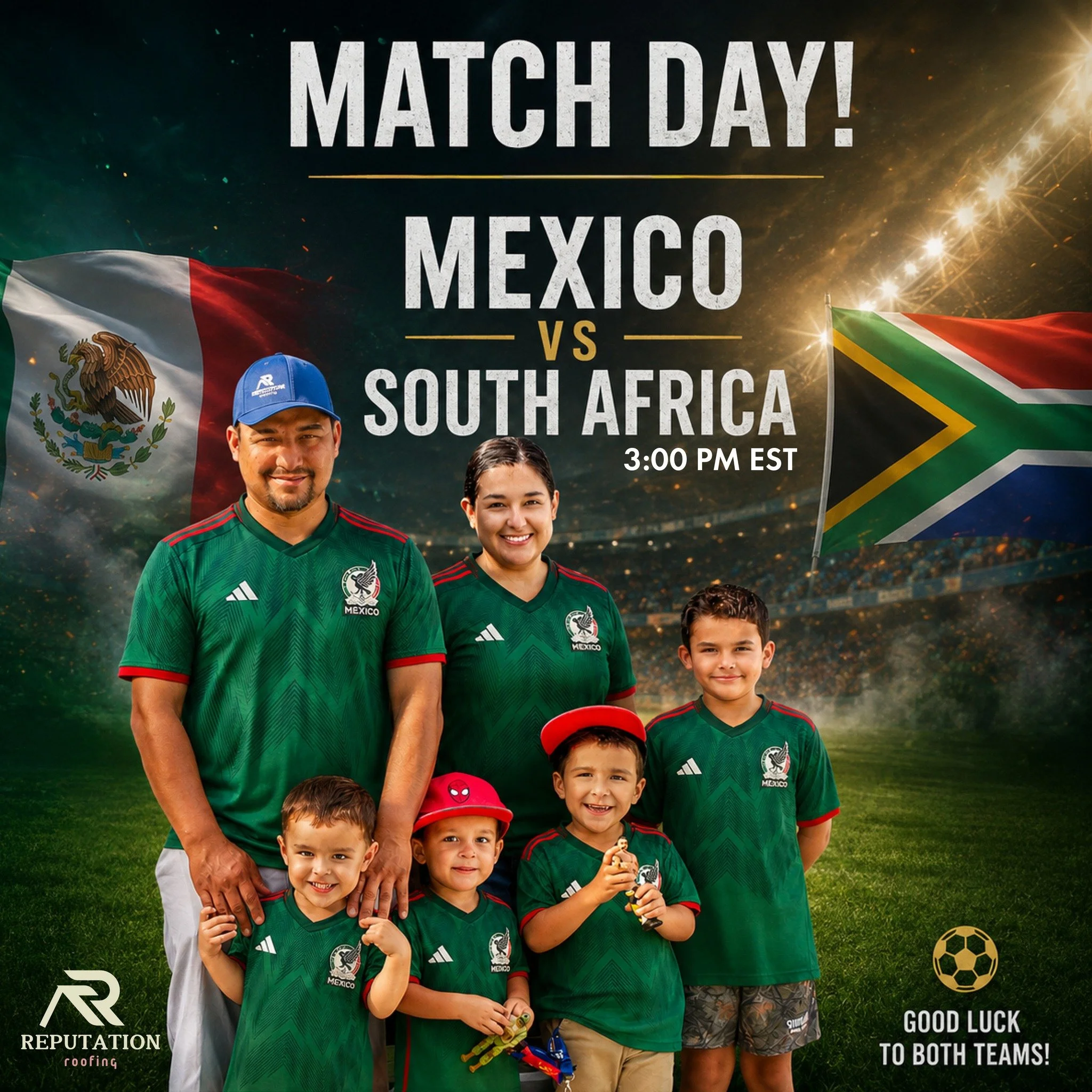 Run home, the game is about to start! Mexico vs South Africa...it's going to be a gmae full of adrenaline! 🇲🇽🏆

Show off your world cup parties, snacks, and jerseys in the comments.

#FIFAWorldCup2026 #ReputationRoofing #SoccerLife #vivamexicocabr