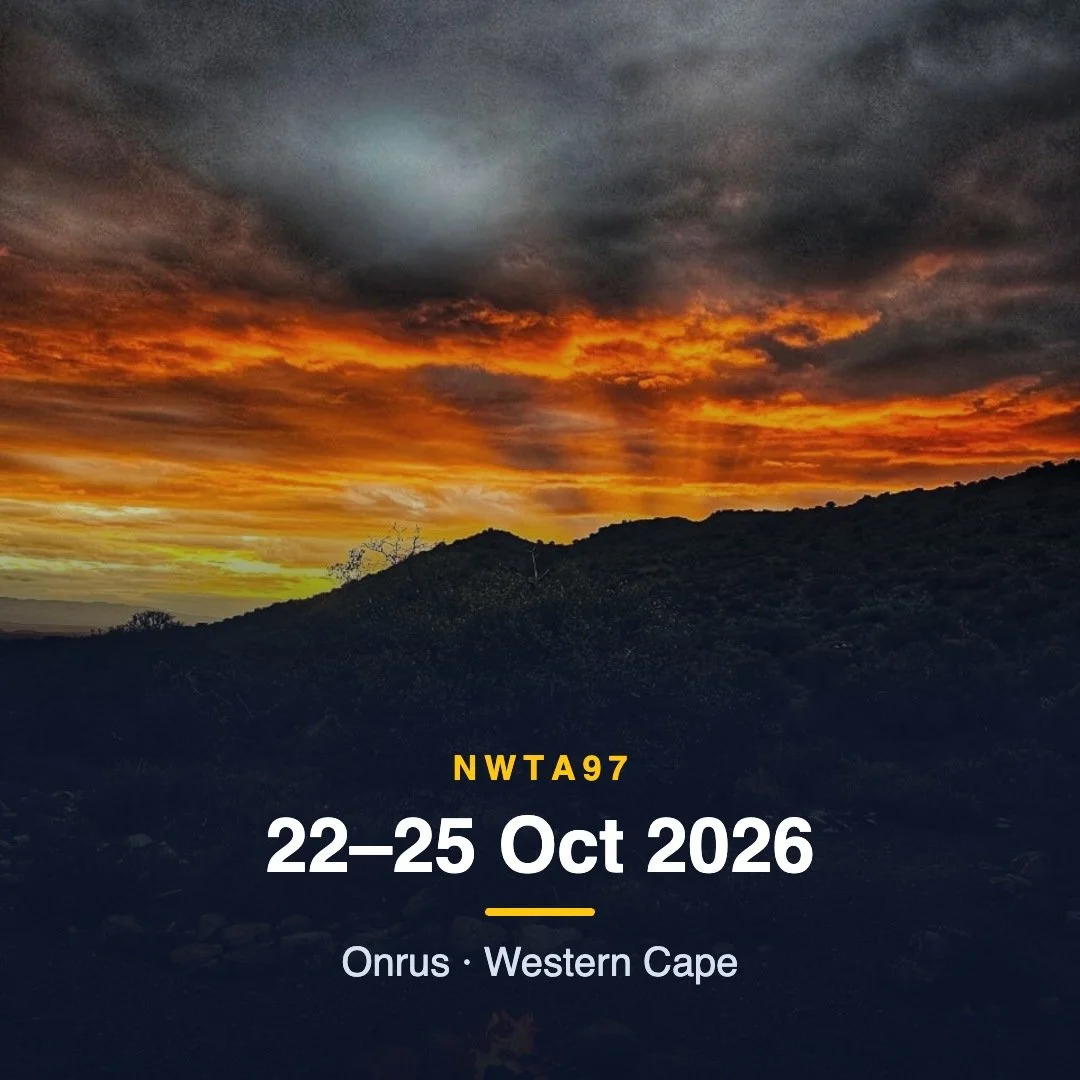 Sunset over hills in Onrus, Western Cape with cloudy sky and orange hues, overlaid with text: NWTA97, 22-25 Oct 2026, Onrus · Western Cape.