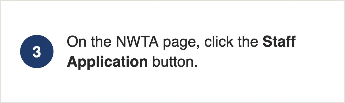 Instructional text guiding to click the Staff Application button on the NWTA page.