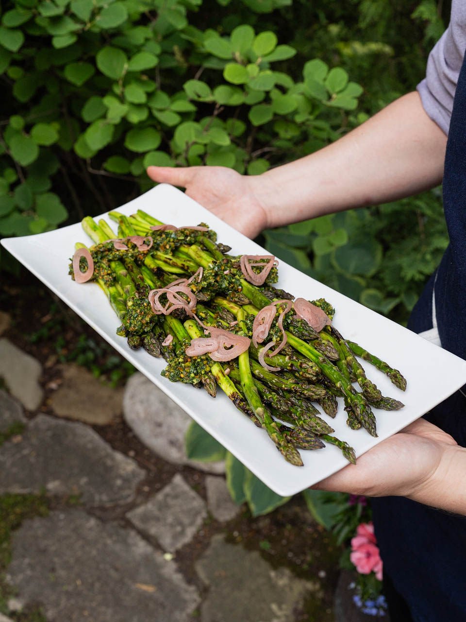 Grilled Asparagus with Pistachio Gremolata and Pickled Shallots