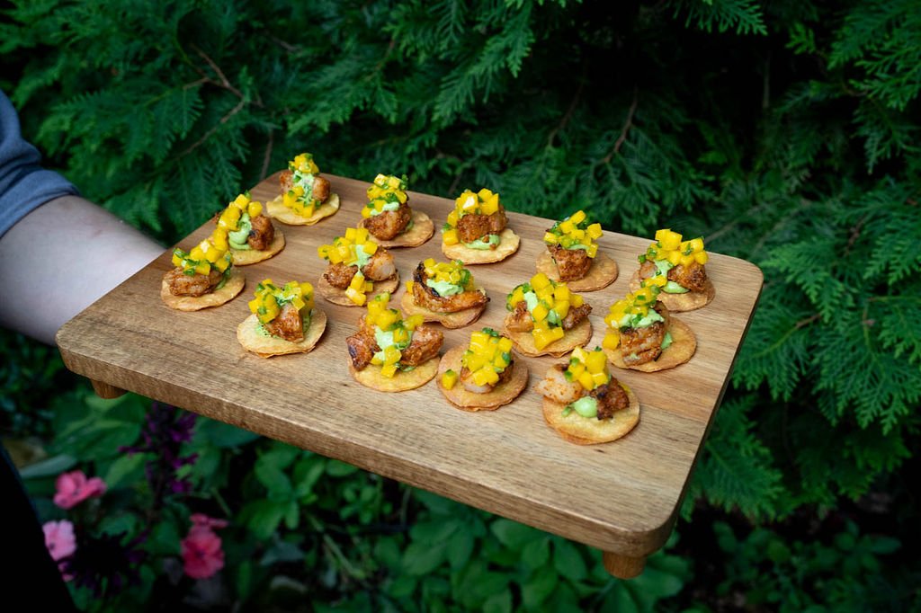 Shrimp Tostadas with Mango Salsa and Avocado Crema