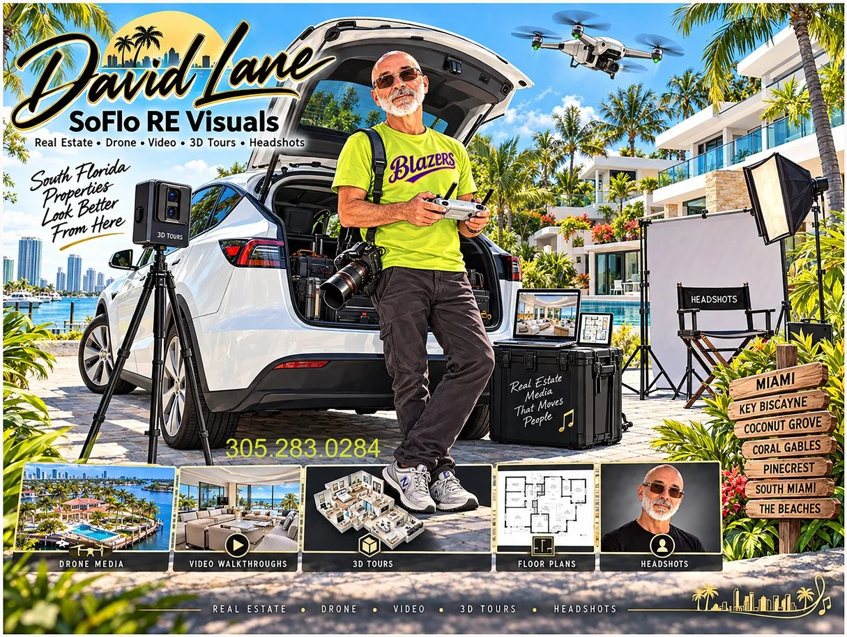 Caricature of David Lane of SoFlo RE Visuals with camera, drone, 3D tour equipment and real estate photography gear in South Florida.