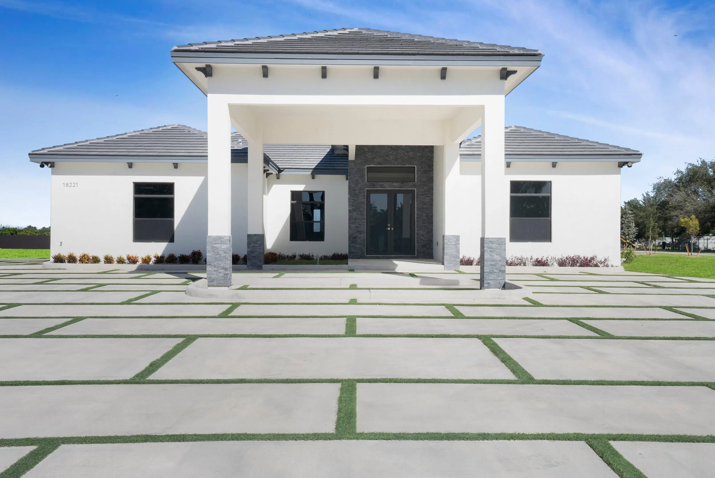 Modern new construction home exterior in Homestead and Redland, Florida.