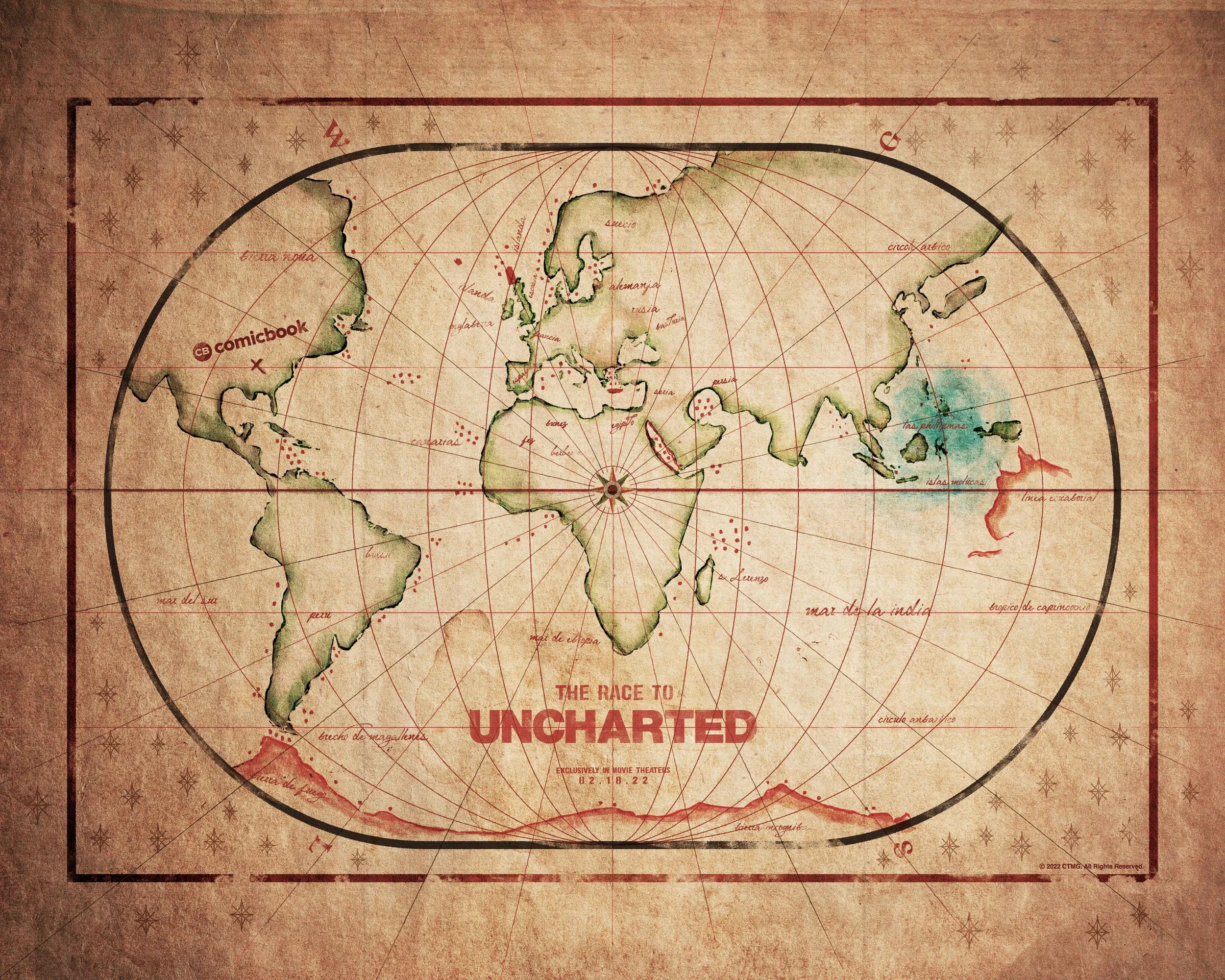 Vintage-style world map with handwritten country labels and red lines for navigation, featuring the title "The Race to Uncharted" and a logo for Comicbook in the top left corner.