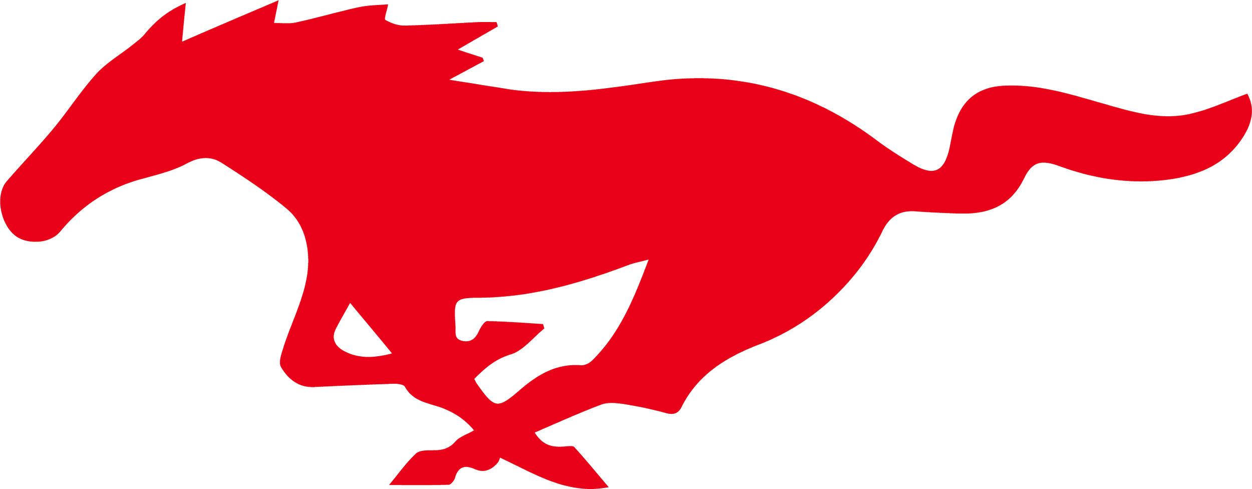A red silhouette of a leaping horse with a flowing mane and tail.