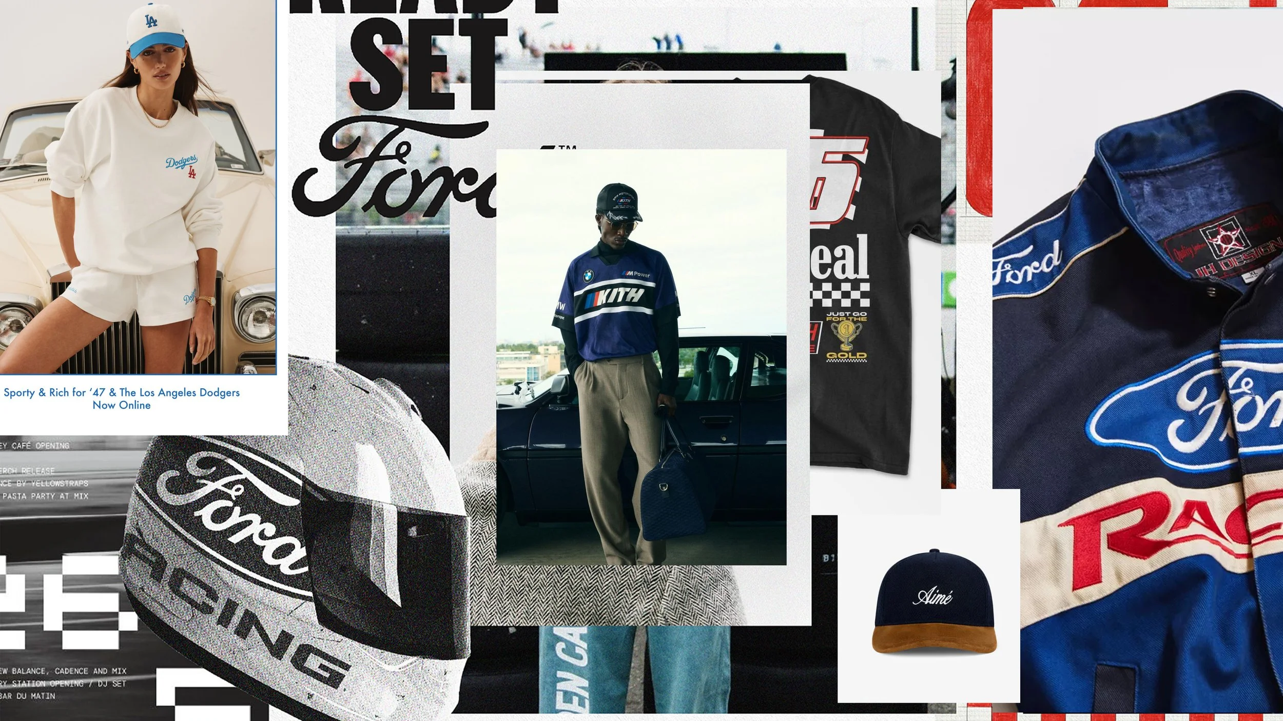 Collage of Ford and Los Angeles Dodgers merchandise, including a woman in Dodgers outfit, a man in racing gear, a blue Ford jacket, a cap, and a racing helmet.
