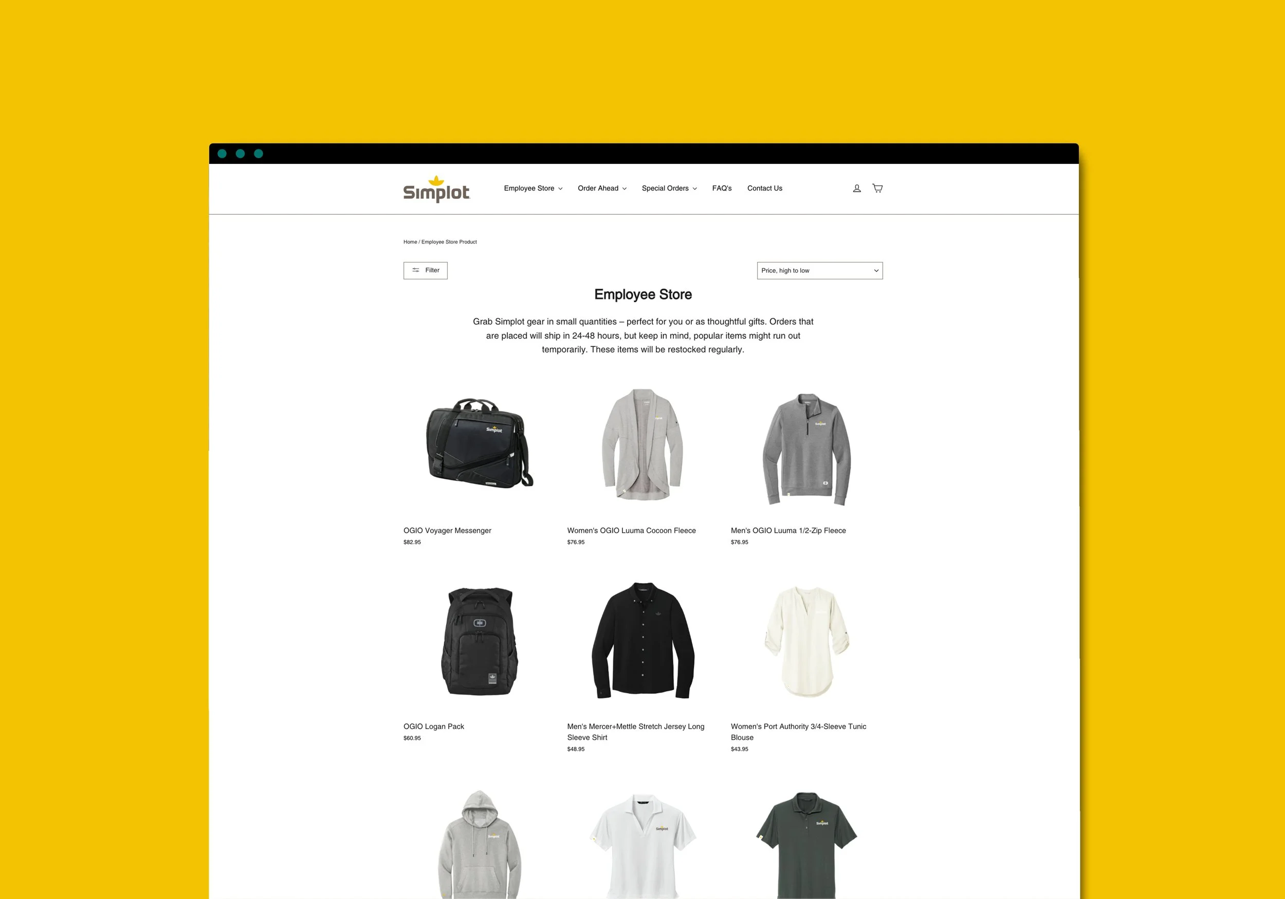 Screenshot of an online employee store featuring various apparel and gear, including backpacks, fleece jackets, shirts, and tops, with the Simplott logo at the top.
