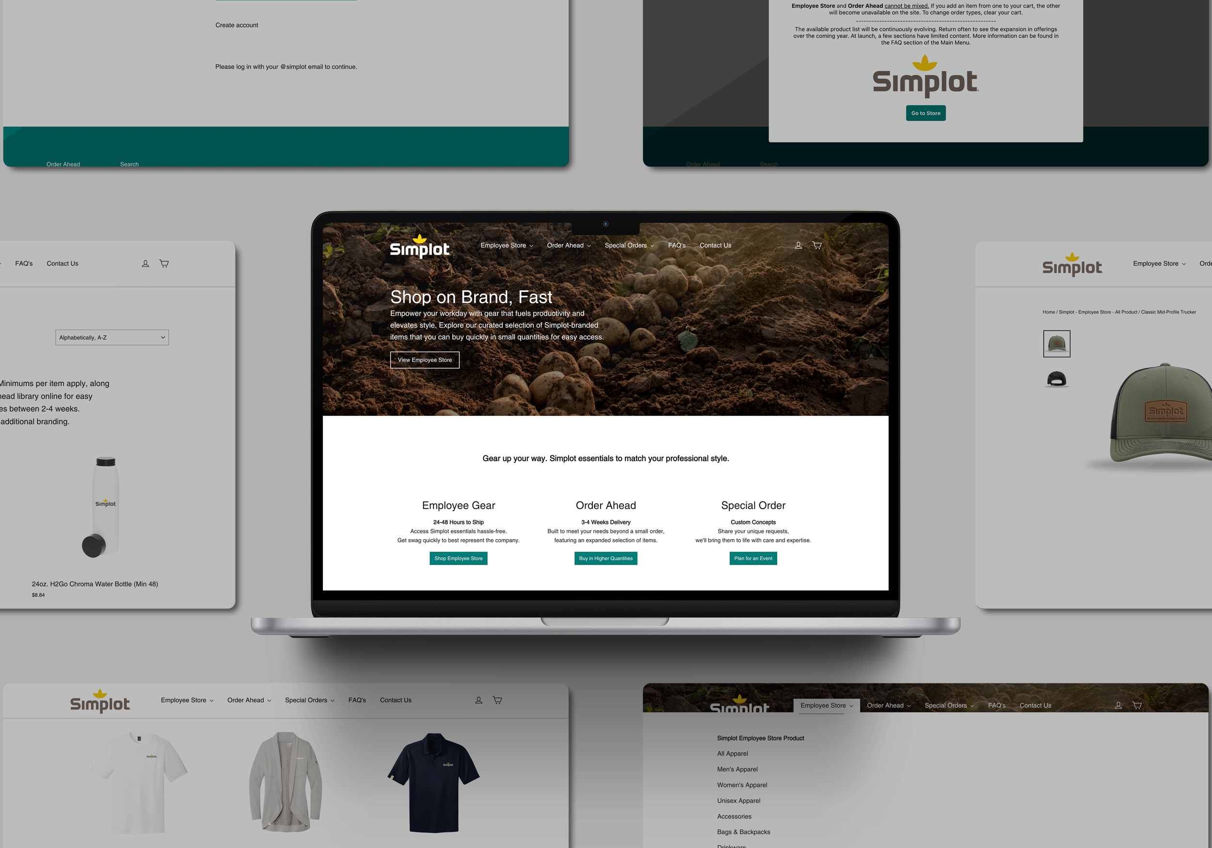 Collection of website screens for Simplot, an online store selling branded apparel, gear, and accessories, featuring homepage, product pages, and order options.