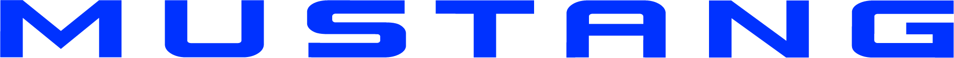 Close-up of the blue text spelling "MUSTANG" on a white background.