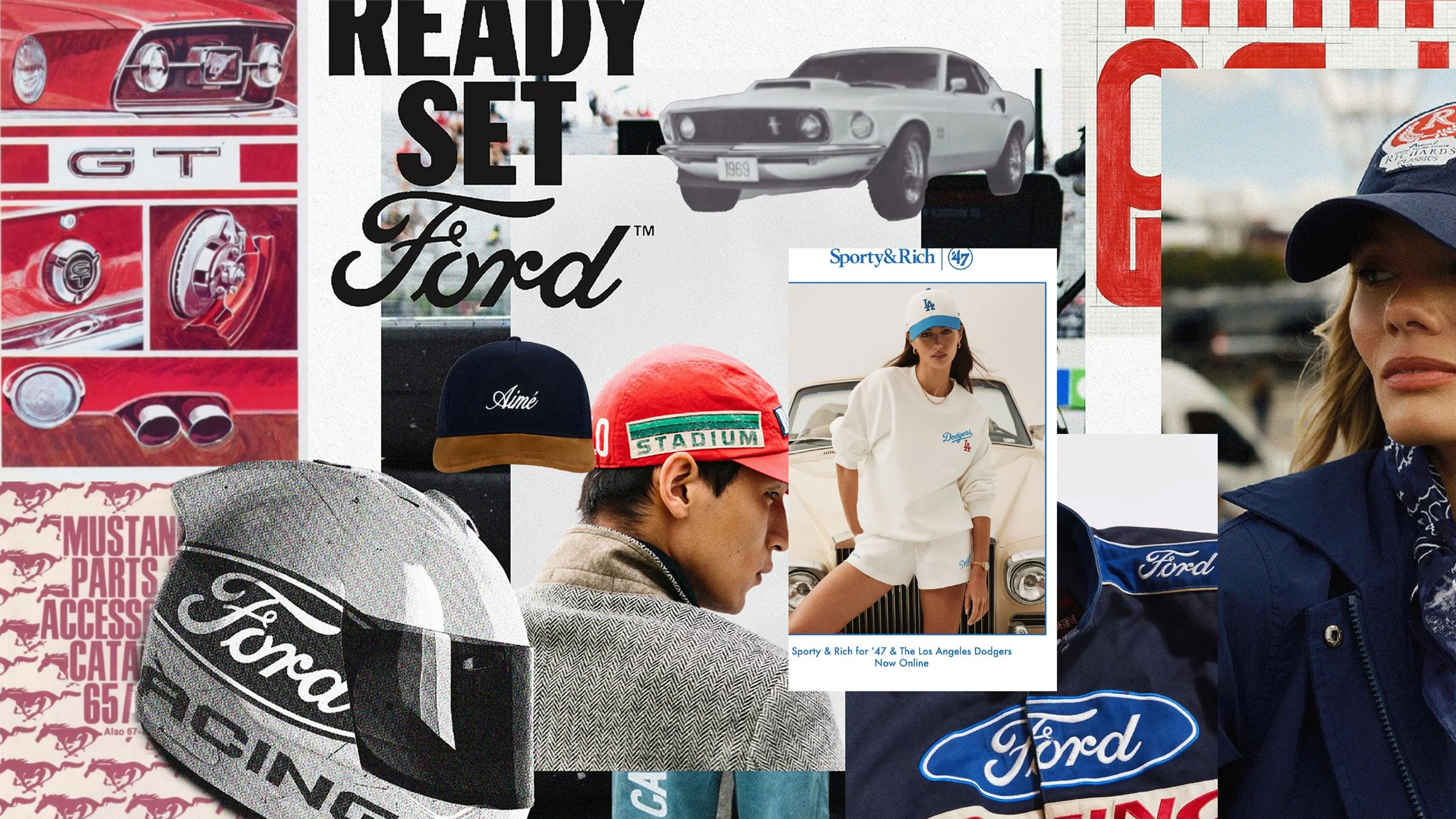 A collage of Ford-related items including car images, racing helmets, merchandise, and models in Ford apparel.