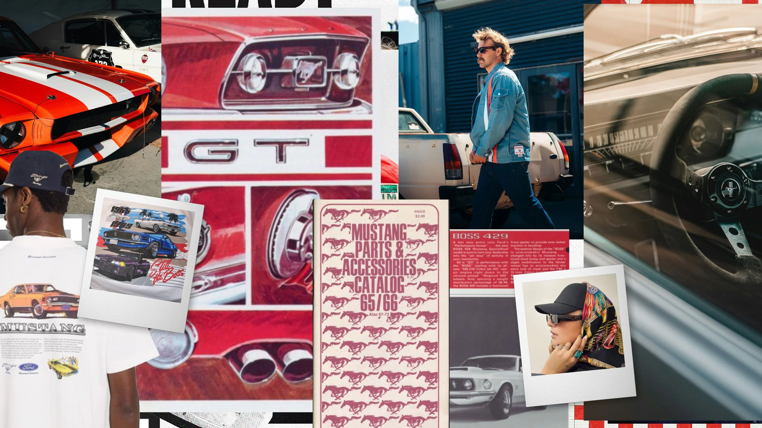 Collage of vintage and modern Ford Mustang images and related memorabilia, including cars, posters, a man walking, and a woman wearing a headscarf and sunglasses.