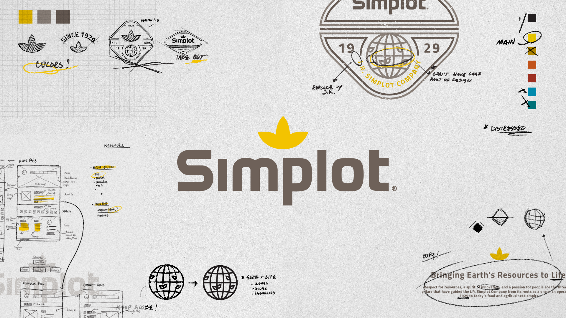 A visual presentation of the Simplot company's branding and design process. Features sketches, logos, color schemes, and notes about design elements, with the main logo centered, including a yellow flower-like symbol above the word 'Simplot' in bold gray font, and various notes and diagrams surrounding it.