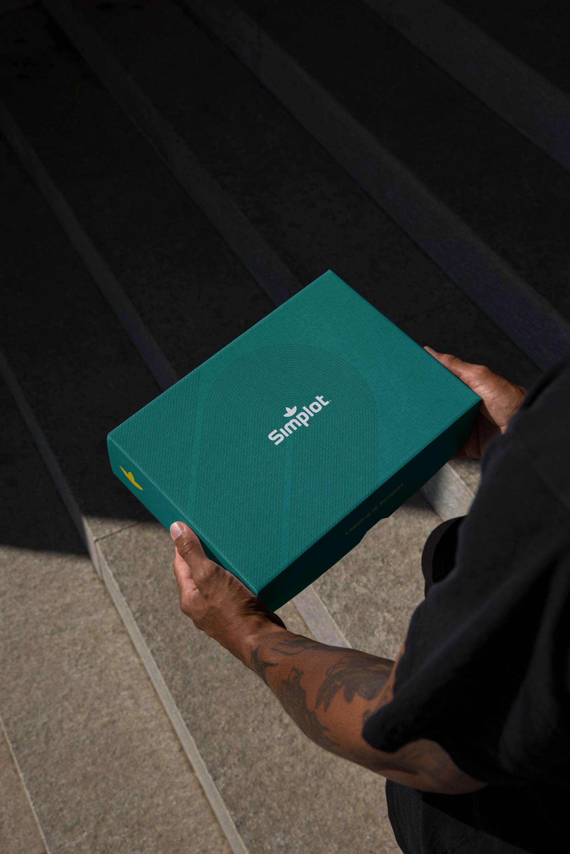 A person holding a teal box labeled 'Simpilot' with a yellow logo, standing on concrete stairs.