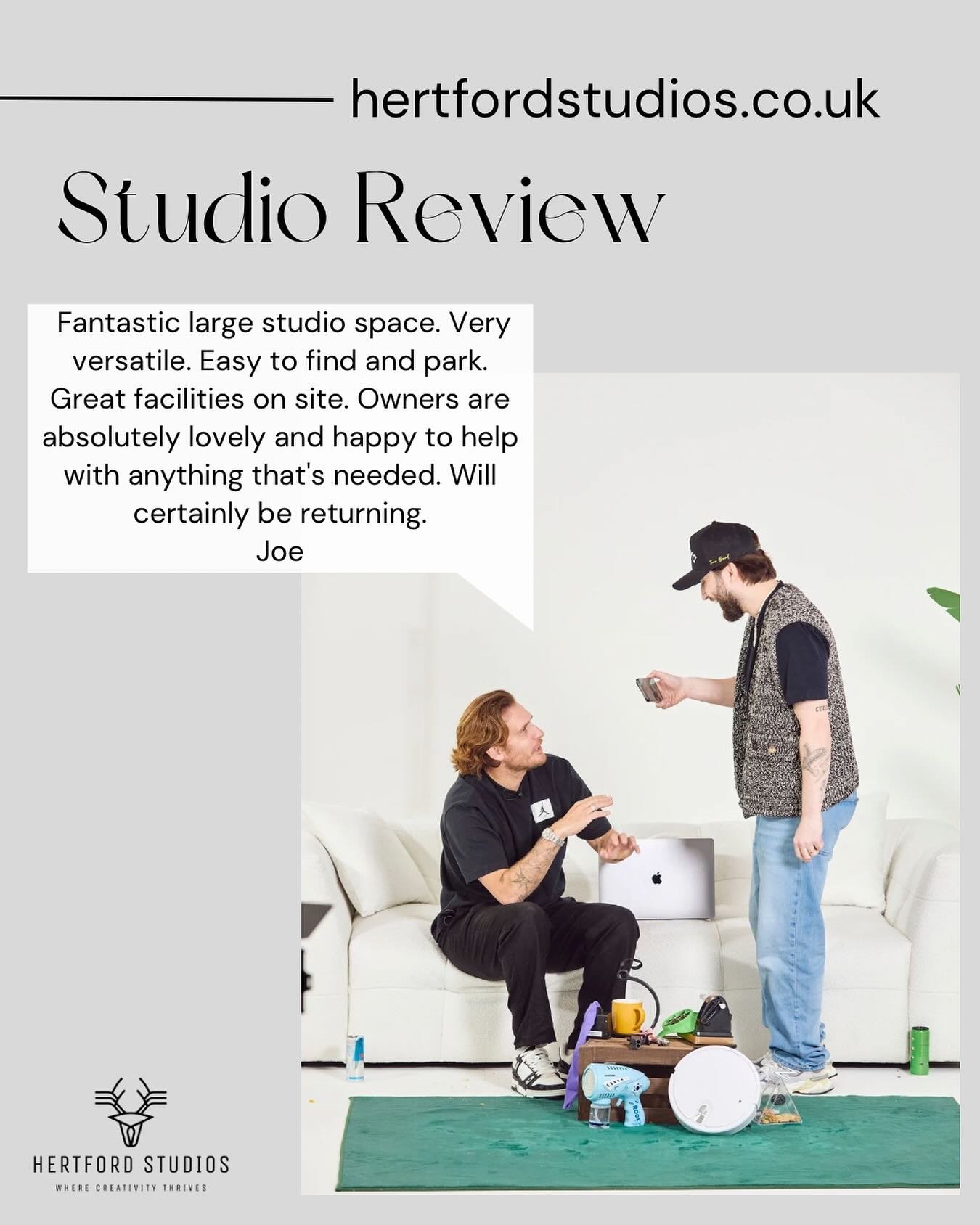 Client Review:
“Fantastic large studio space. Very versatile. Easy to find and park. Great facilities on site. Owners are absolutely lovely and happy to help with anything that’s needed. Will certainly be returning”. Joe
Thank you