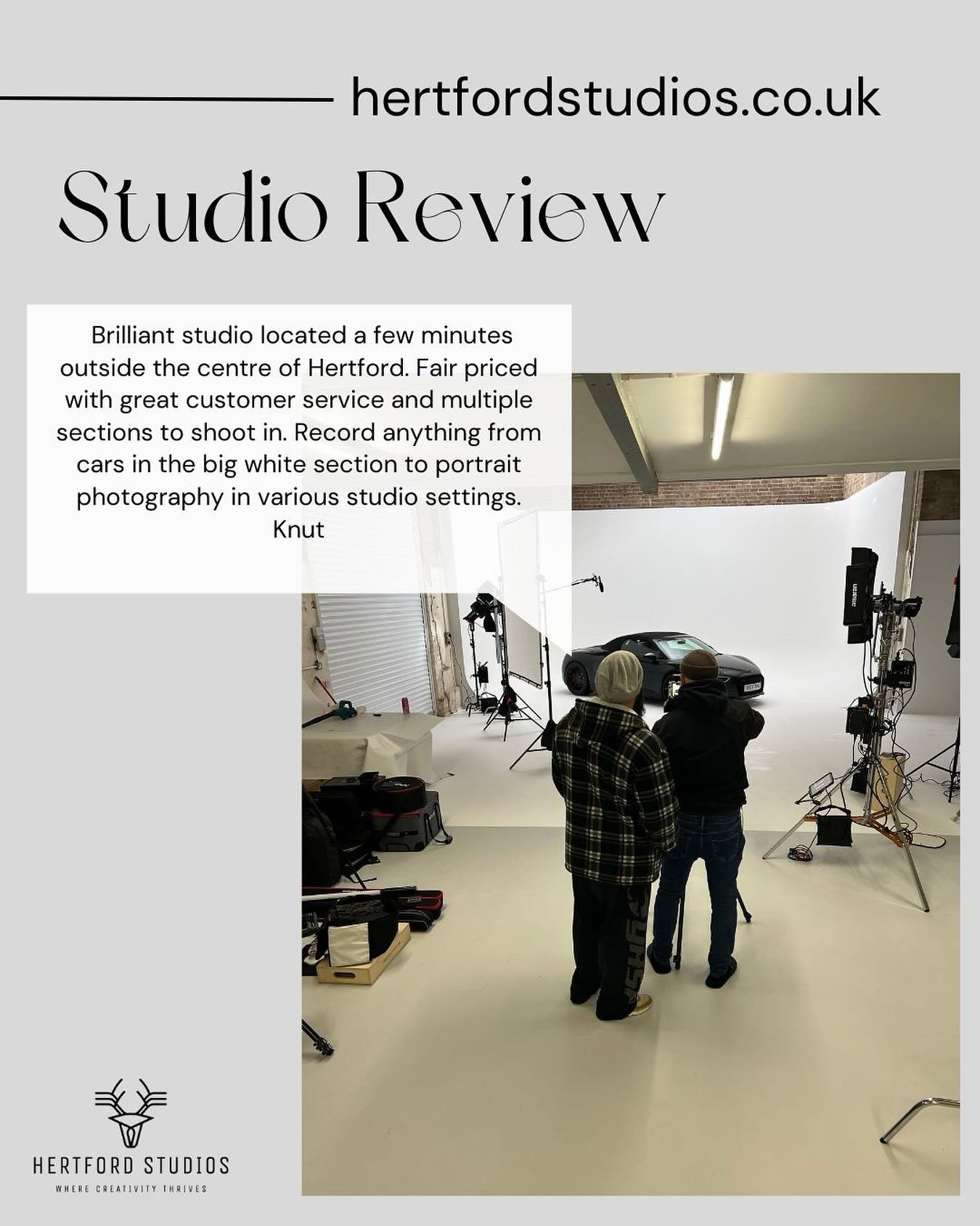 We love hearing feedback like this π
“Brilliant studio located a few minutes outside the centre of Hertford. Fair priced with great customer service and multiple sections to shoot in. Record anything from cars in the big white section to port