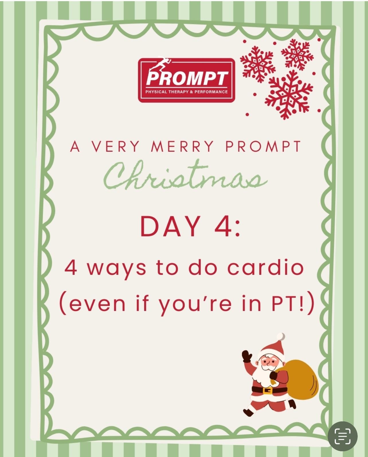 🎄Day 4: Cardio 🎄Sometimes cardio gets overlooked when you&rsquo;re dealing with an injury, but it&rsquo;s still an important habit for staying healthy and strong. With most injuries, there&rsquo;s almost always a safe way to keep your heart rate up