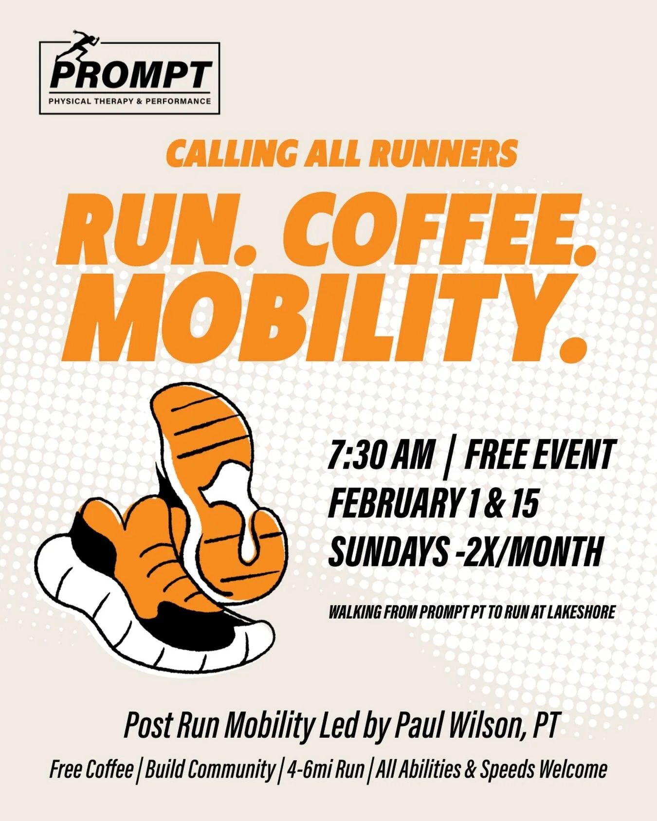 Run. Coffee. Mobility is officially here. 
We&rsquo;re trying something new at Prompt and we couldn&rsquo;t be more excited.

This is a space for runners of all abilities to move, recover, and connect. Come help us kick it off Sunday, Feb 1 at 7:30 a